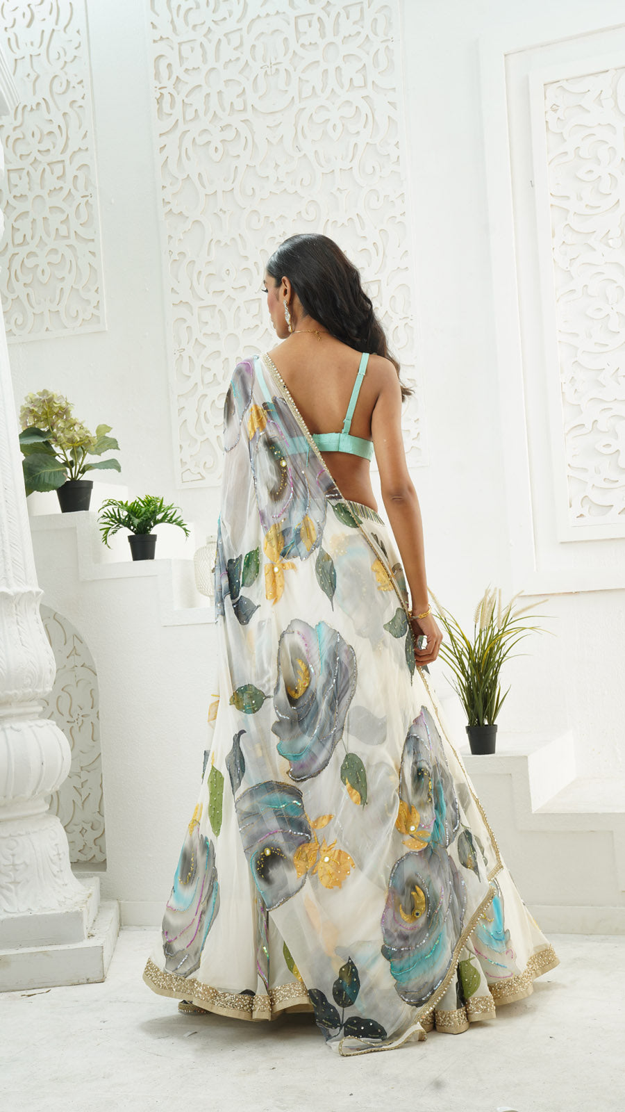 Ivory Hand Painted Lehenga and Mint Bralette Blouse Set