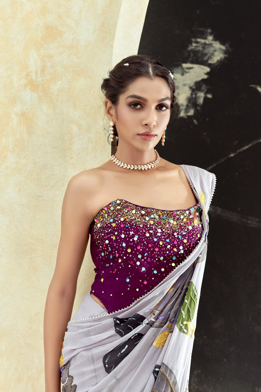 Periwinkle Hand Painted Saree and Corset Set