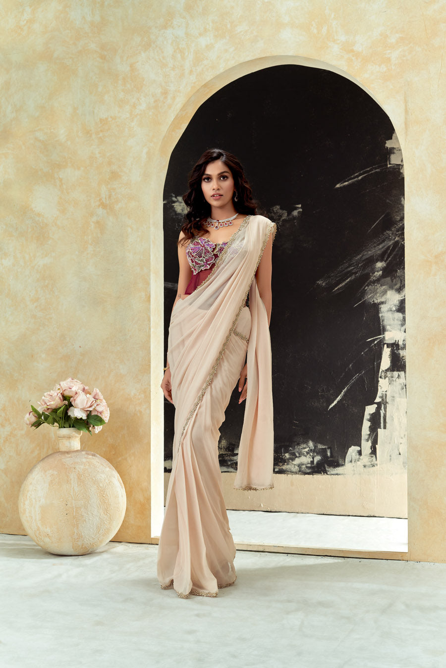 Powder Pink Saree and Corset Blouse Set