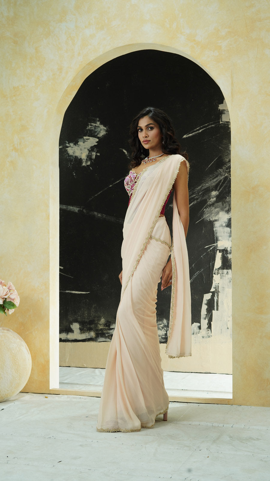 Powder Pink Saree and Corset Blouse Set