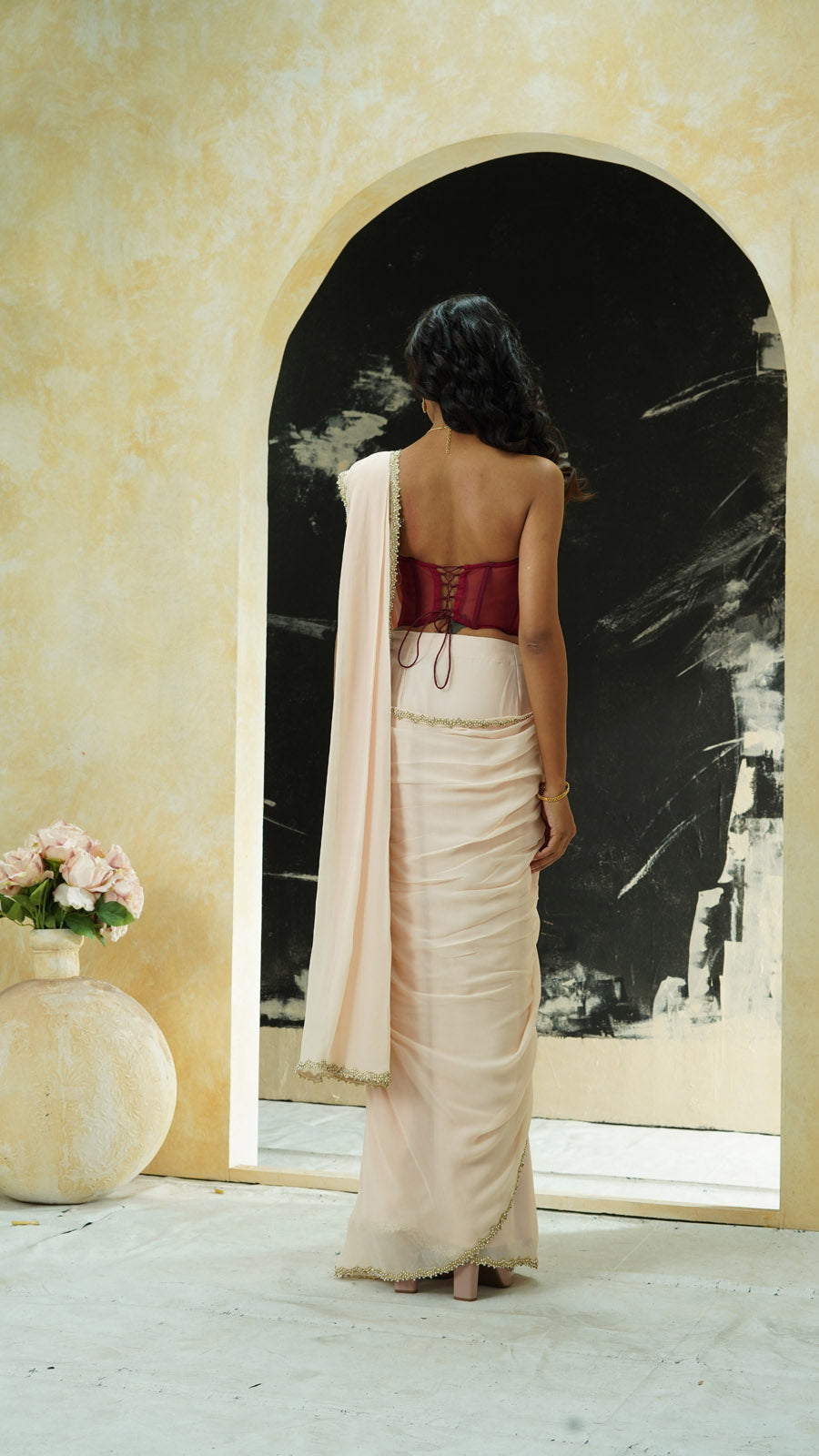 Powder Pink Saree and Corset Blouse Set