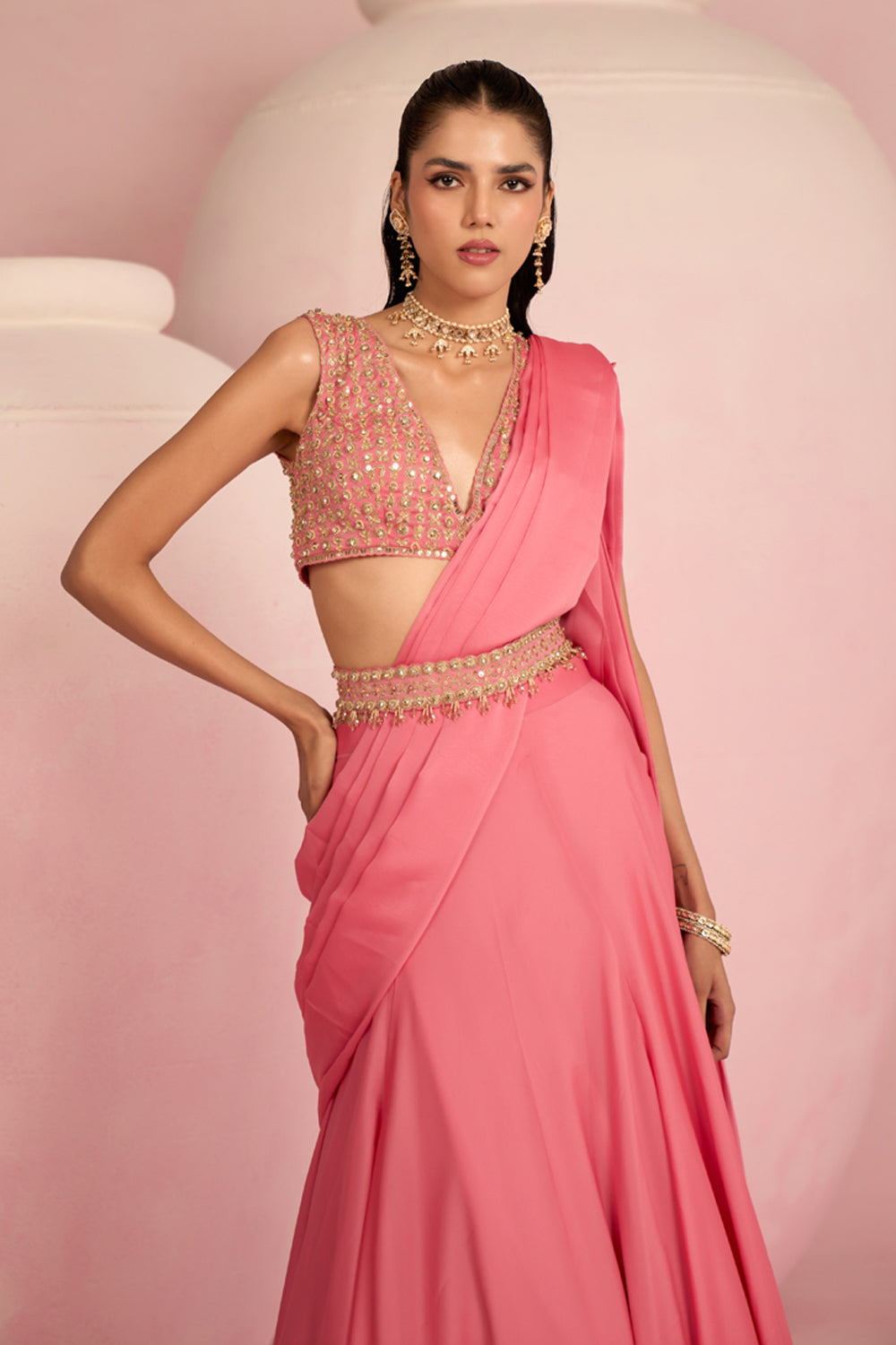 Pop Pink Lehenga Saree