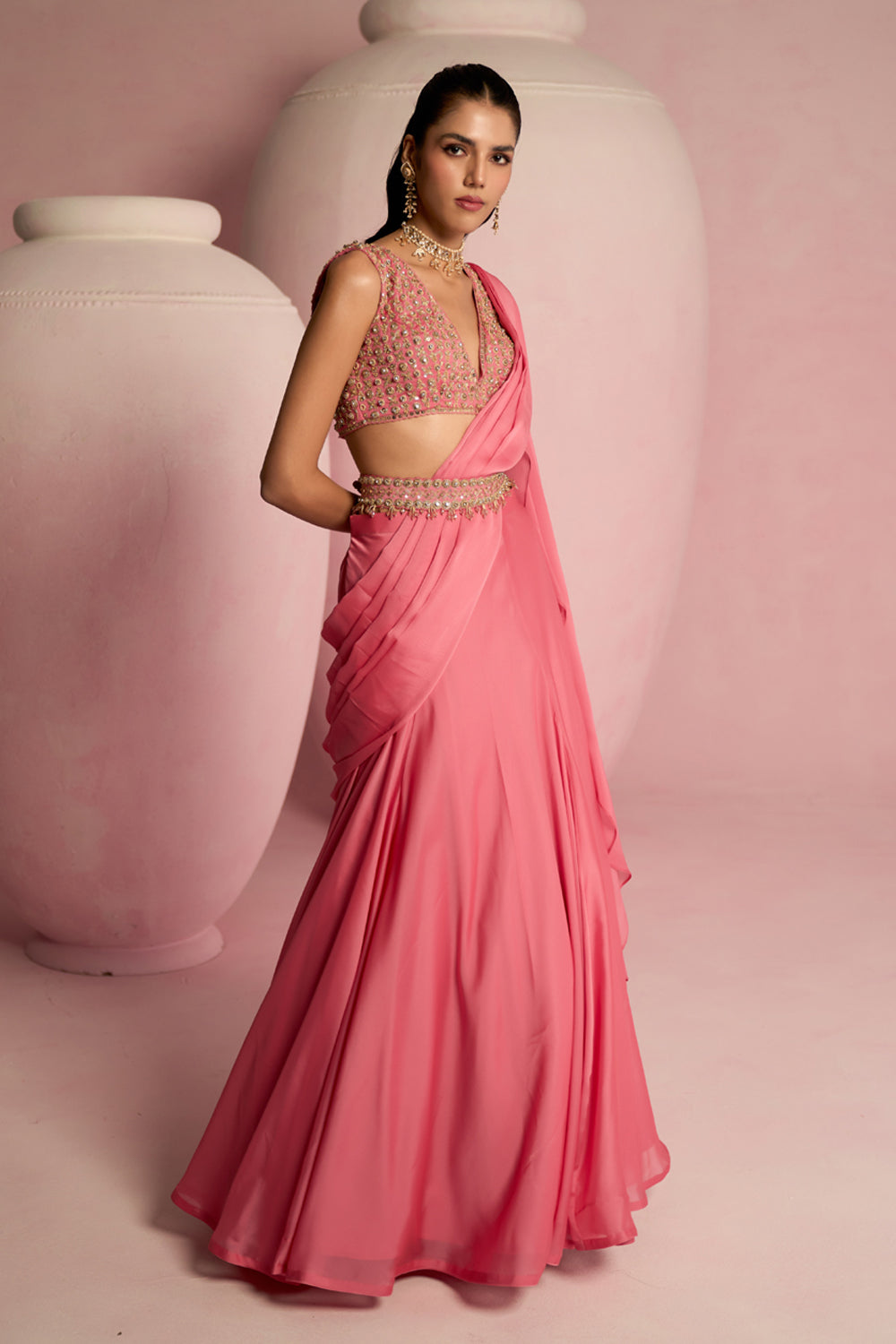 Pop Pink Lehenga Saree