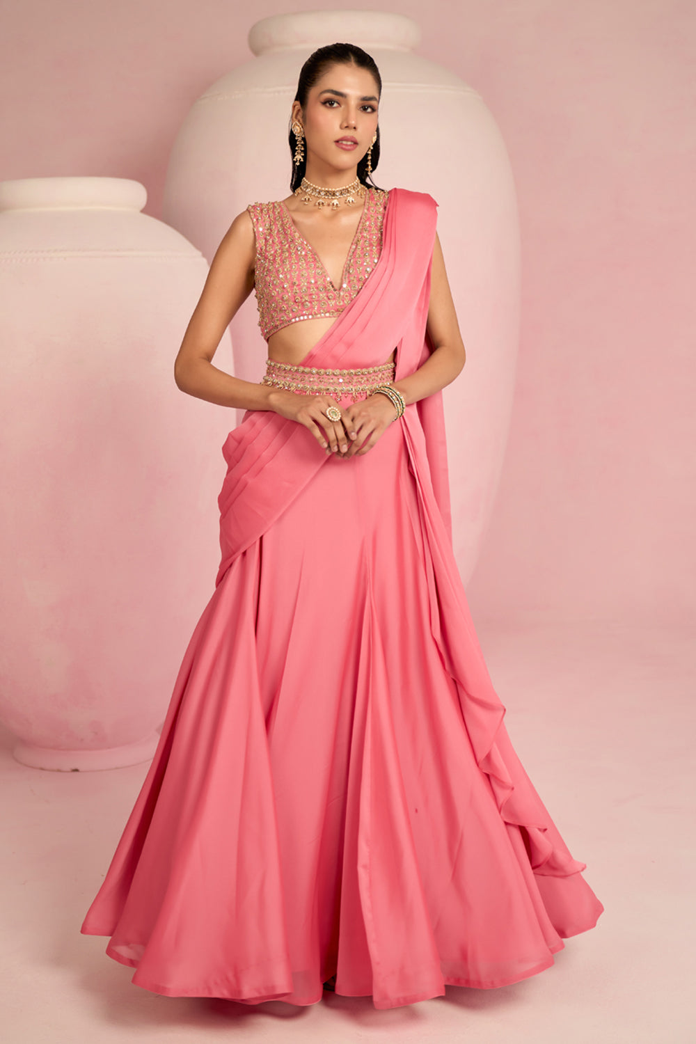 Pop Pink Lehenga Saree
