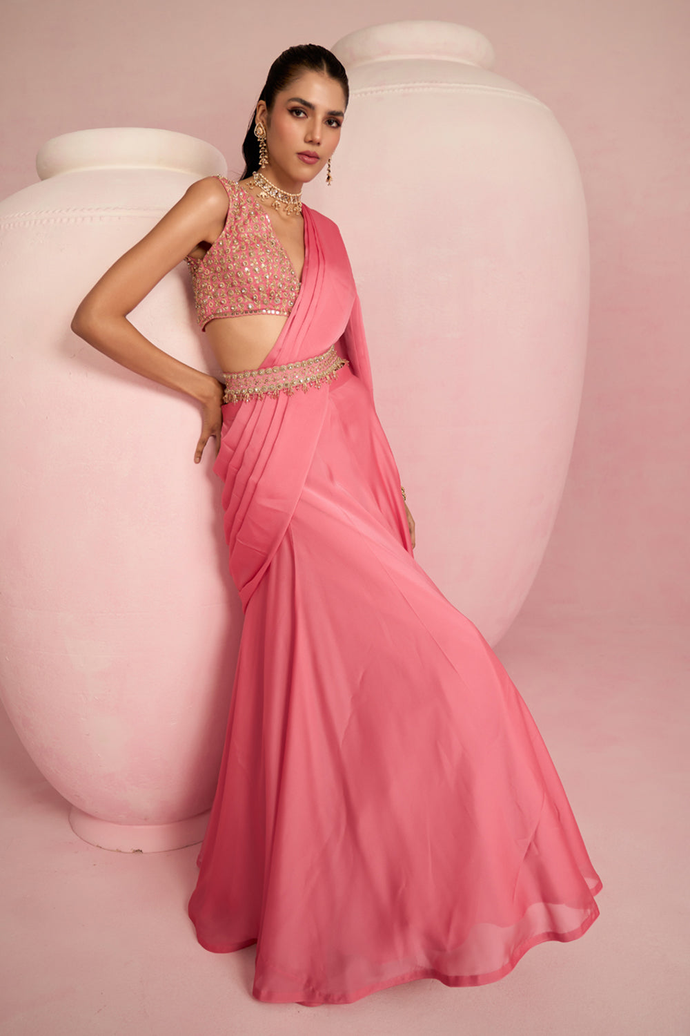Pop Pink Lehenga Saree