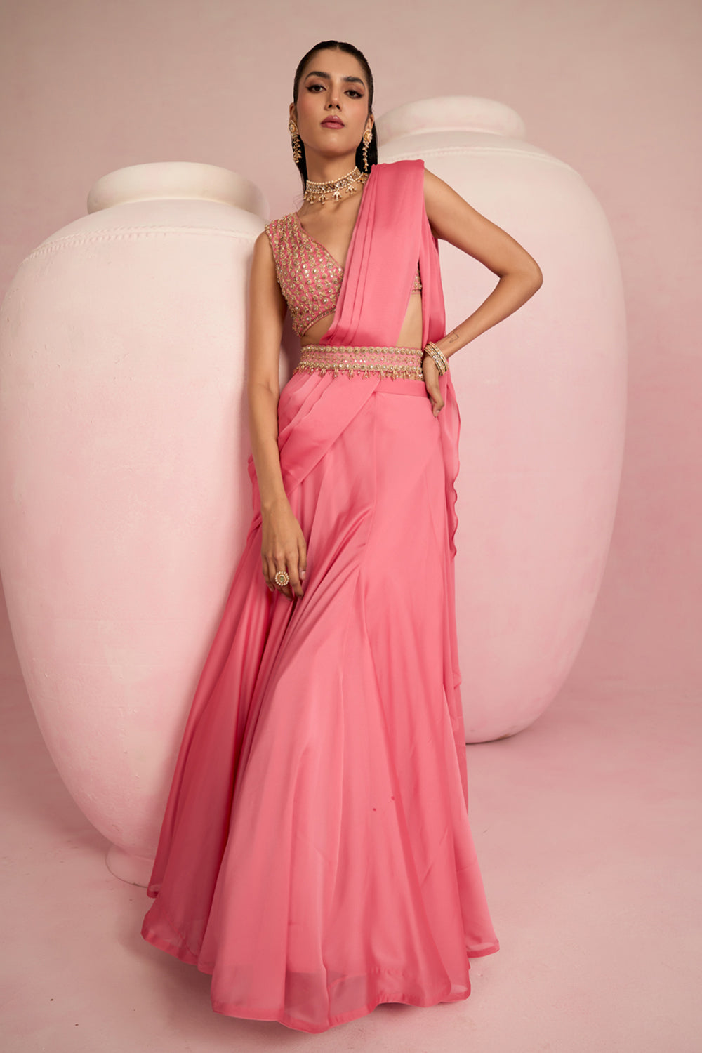 Pop Pink Lehenga Saree