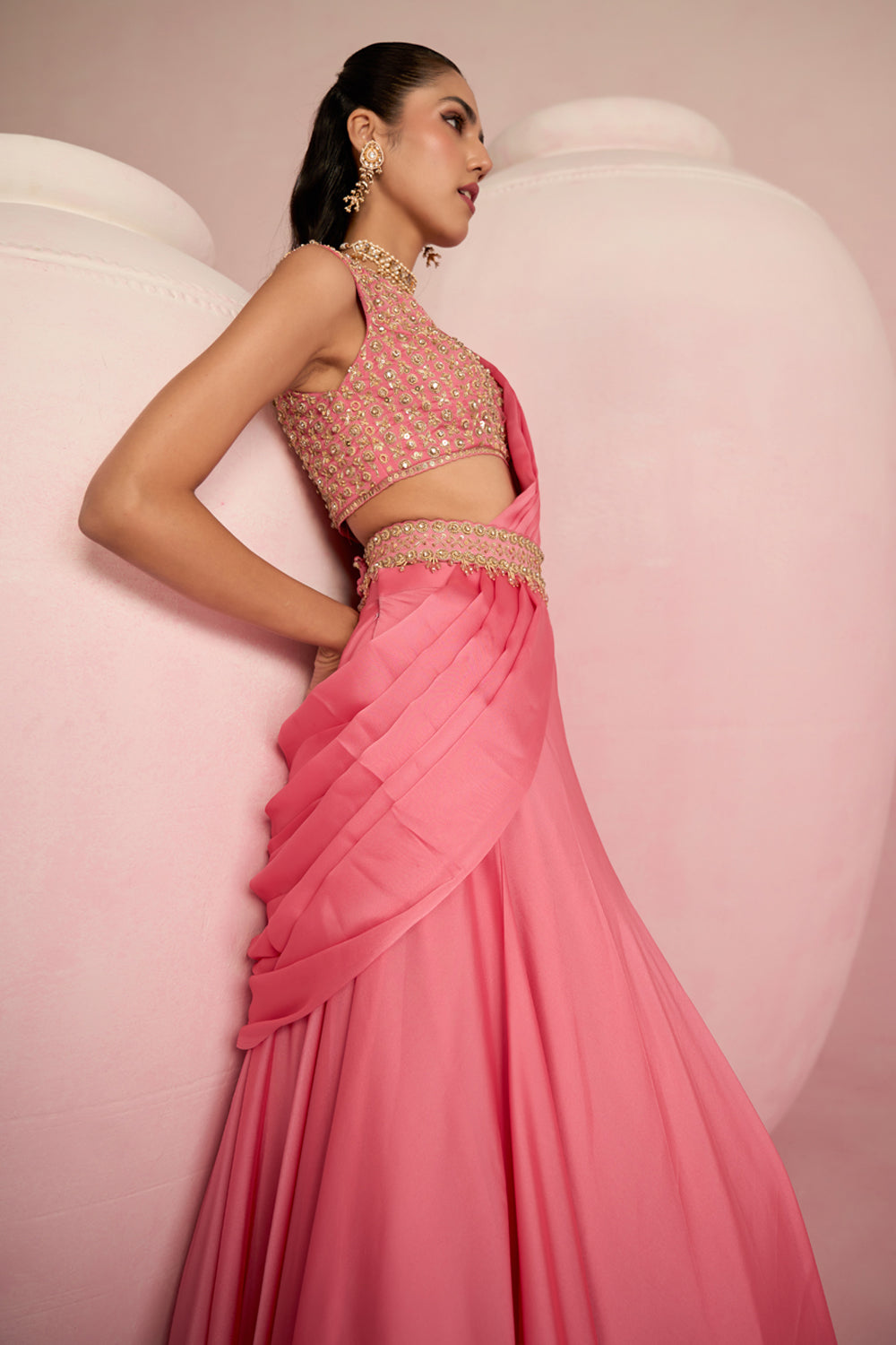 Pop Pink Lehenga Saree