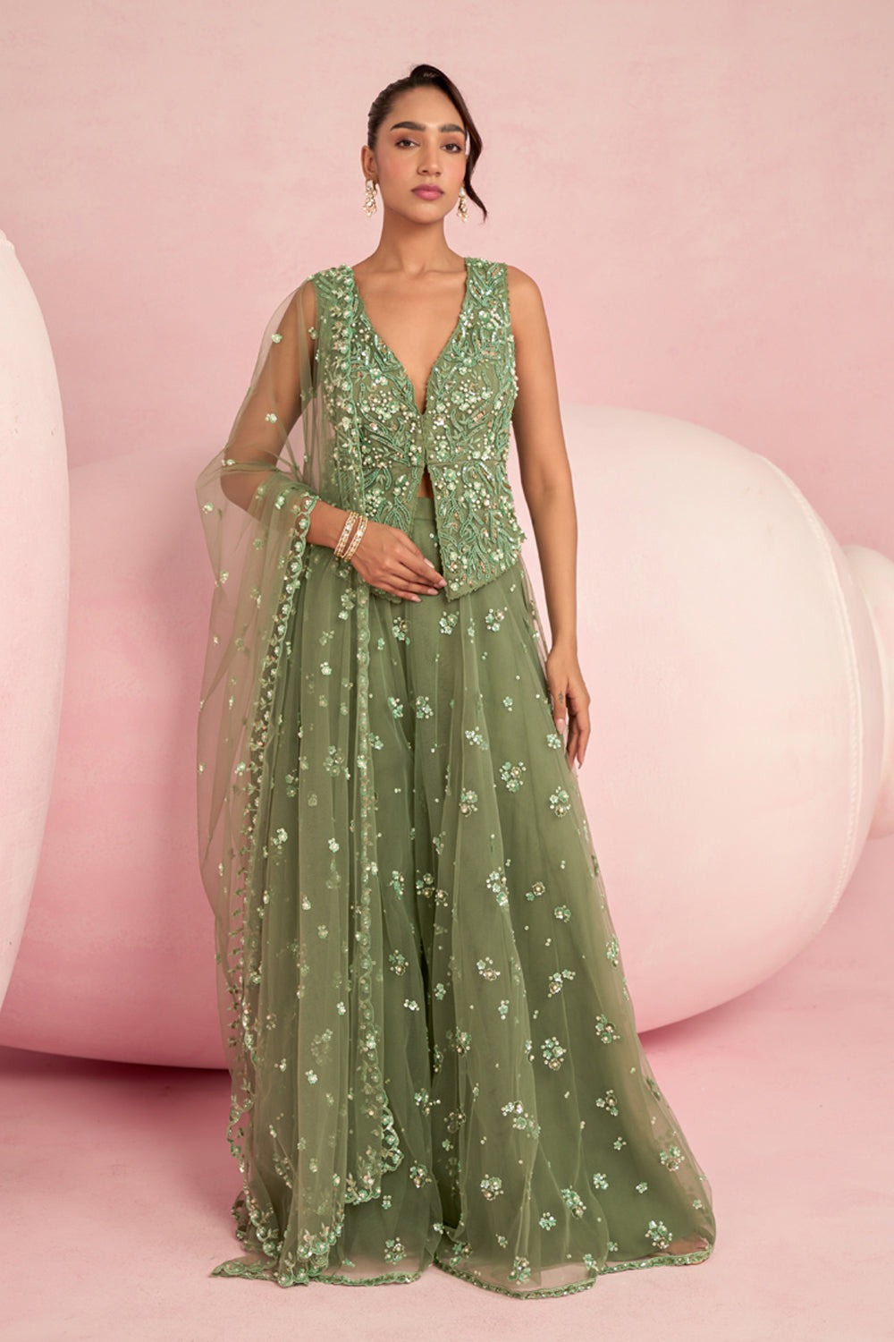Prevasu — Sage Green Sequins Embroidered Jacket Sharara Set S