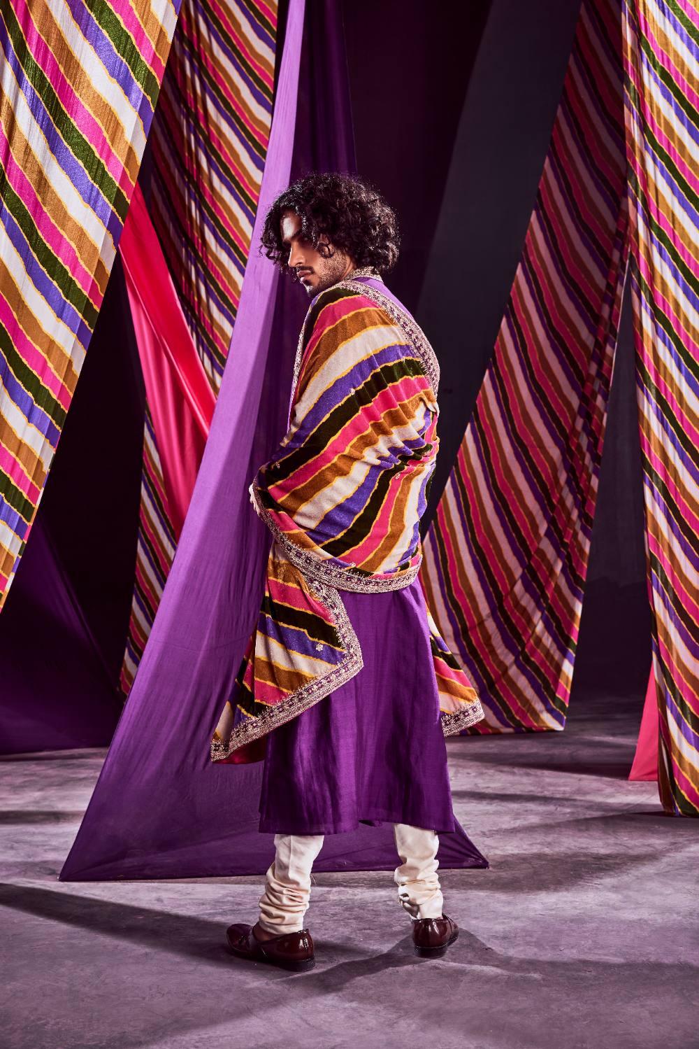 Purple Heavy Kurta With Stripes Dushala & Churidar