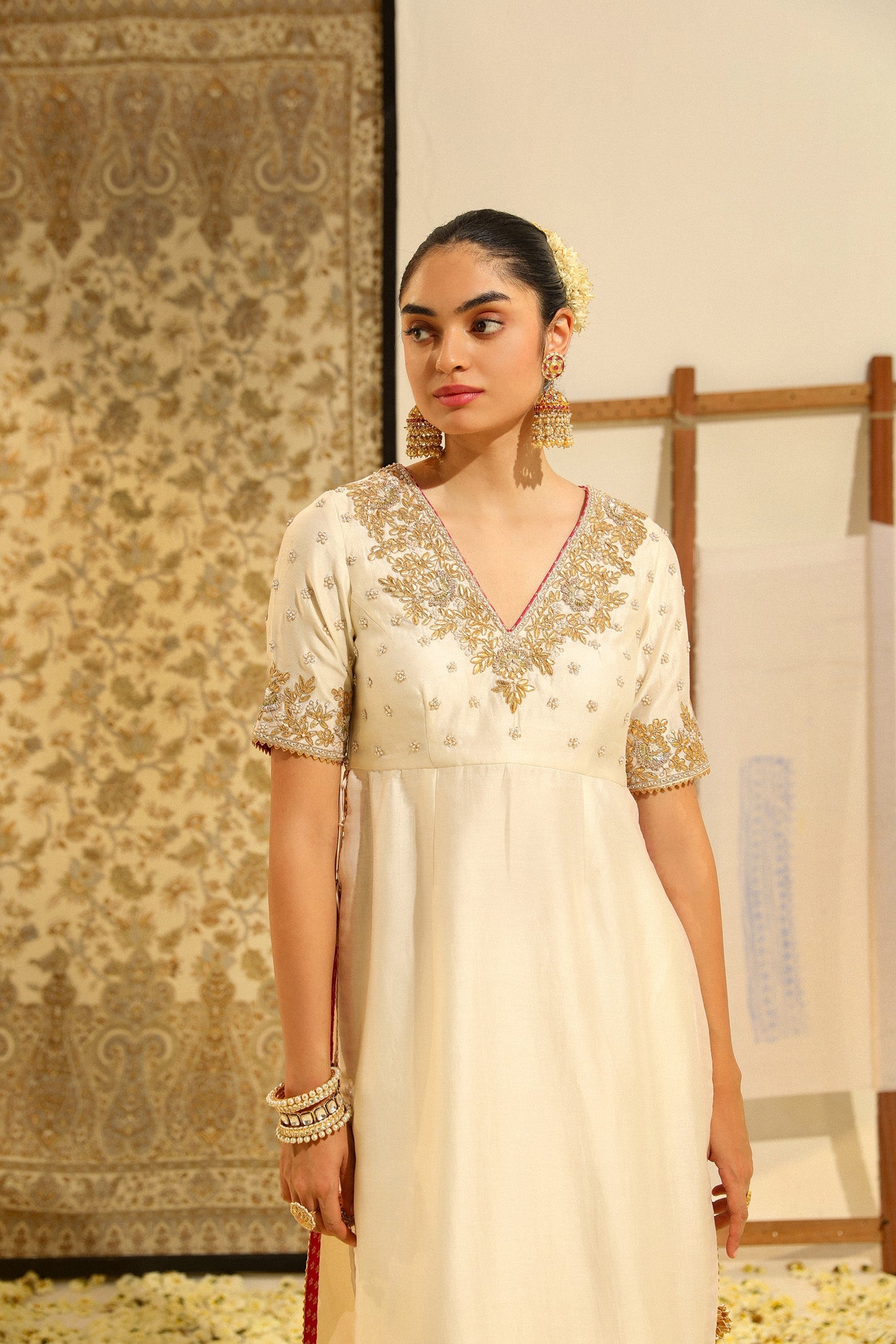 Shahnawaz - Daisy Ivory Hand Embroidered Long kurta with crushed silk skirt and dupatta