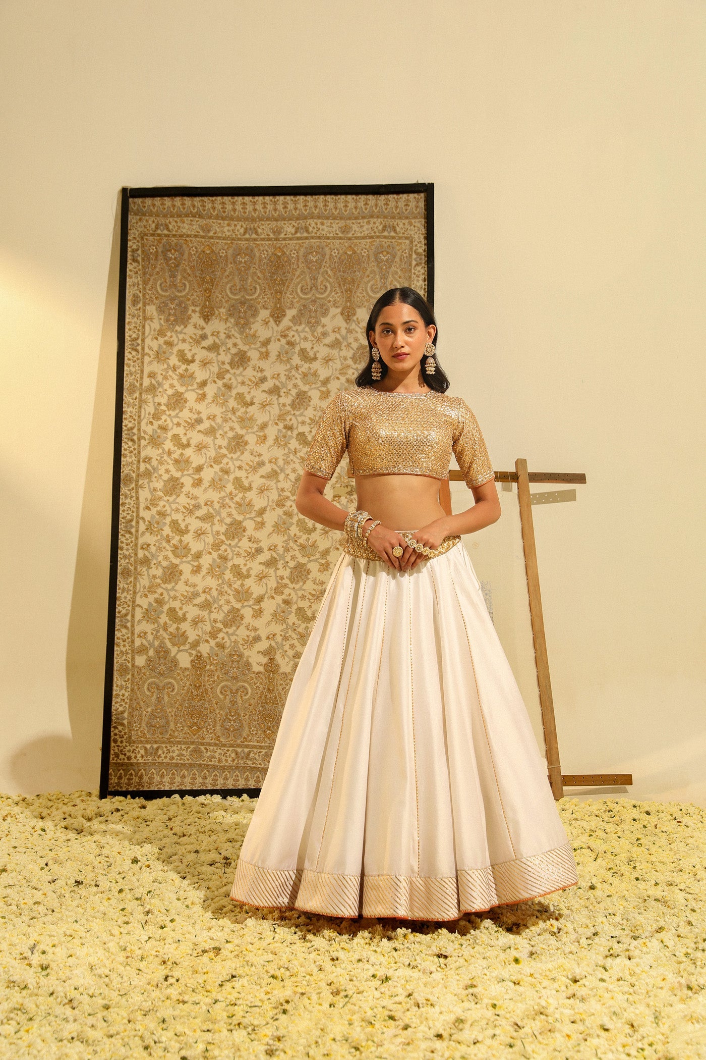 Dolly Jain In Aarif - Daisy Ivory Hand Embroidered Lehenga set with Odhni