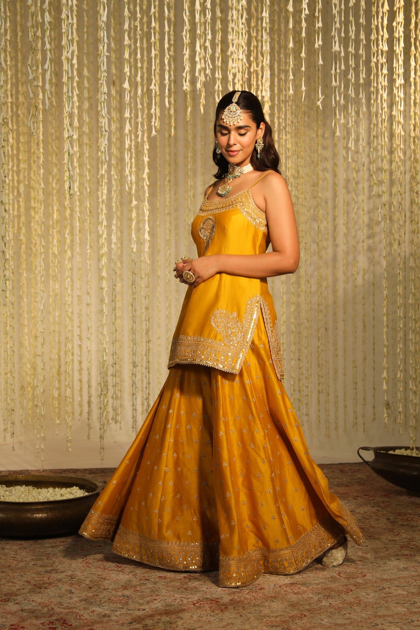 AABROO - GLAZE MUSTARD SHORT KURTA WITH SHARARA AND DUPATTA