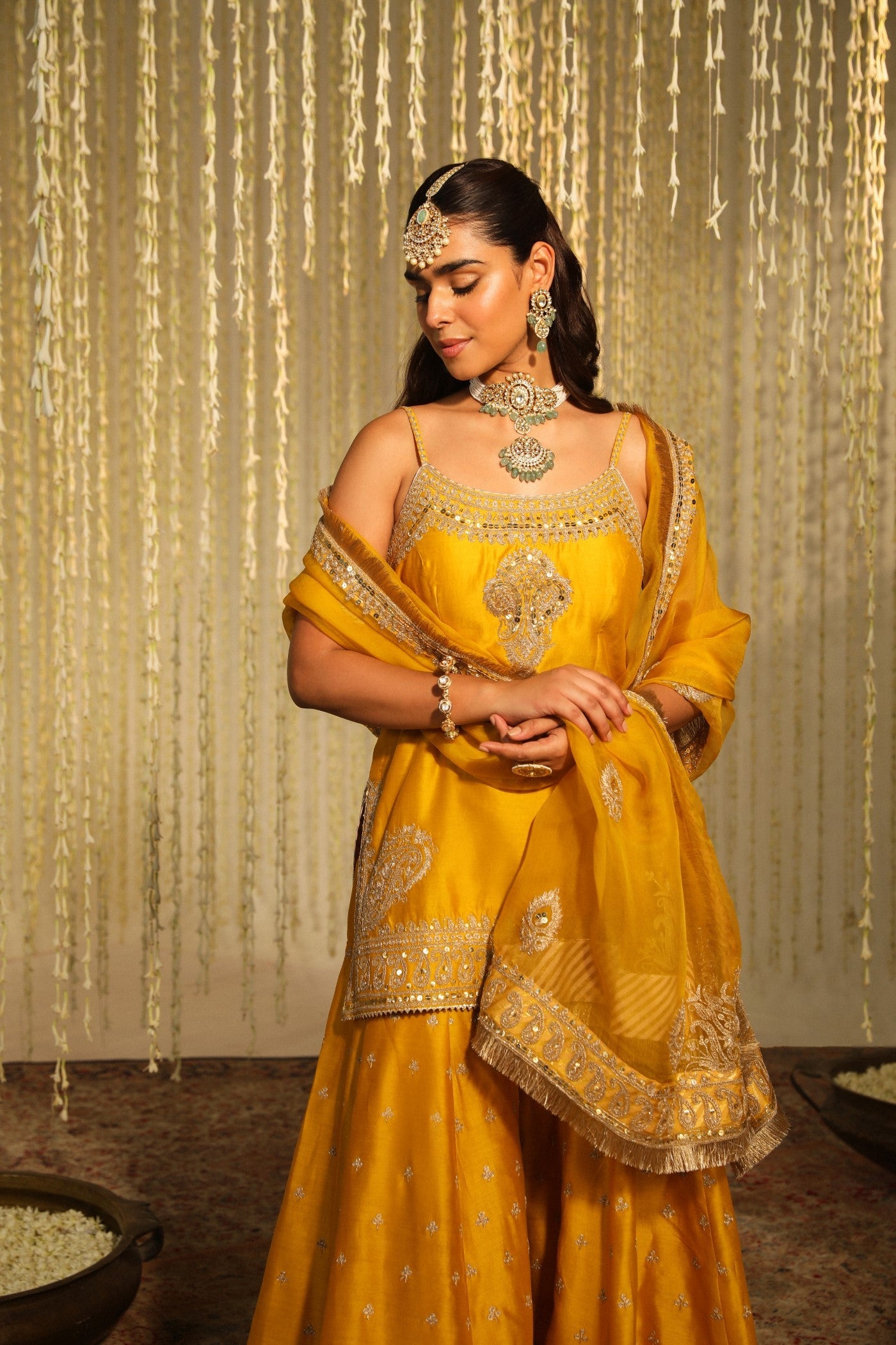 AABROO - GLAZE MUSTARD SHORT KURTA WITH SHARARA AND DUPATTA