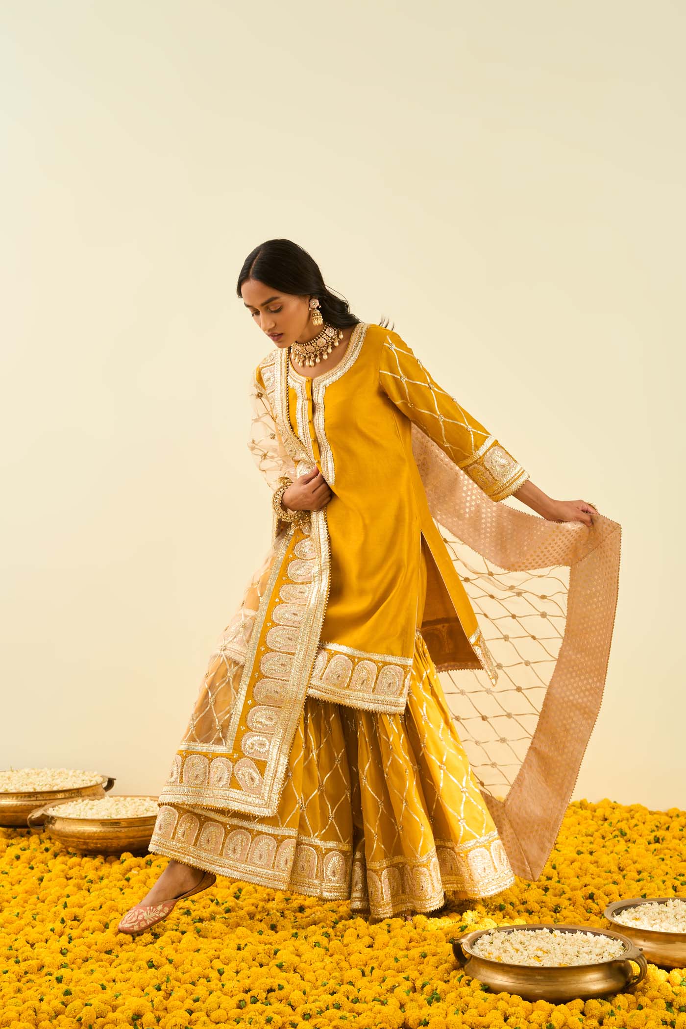 Shabina- Glaze Mustard short kurta with garara and dupatta