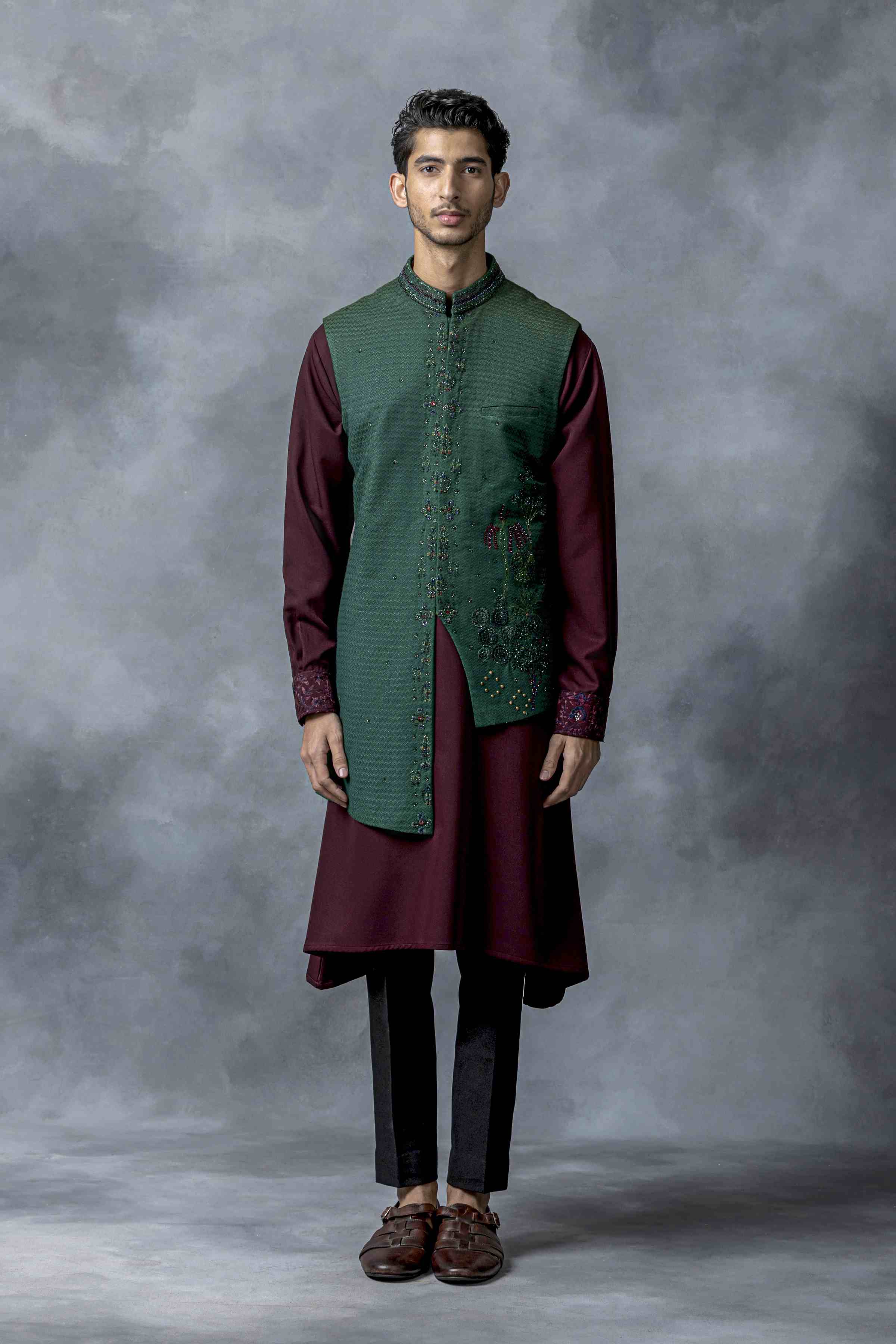 Green And Wine Pearl Work Waistcoat Set