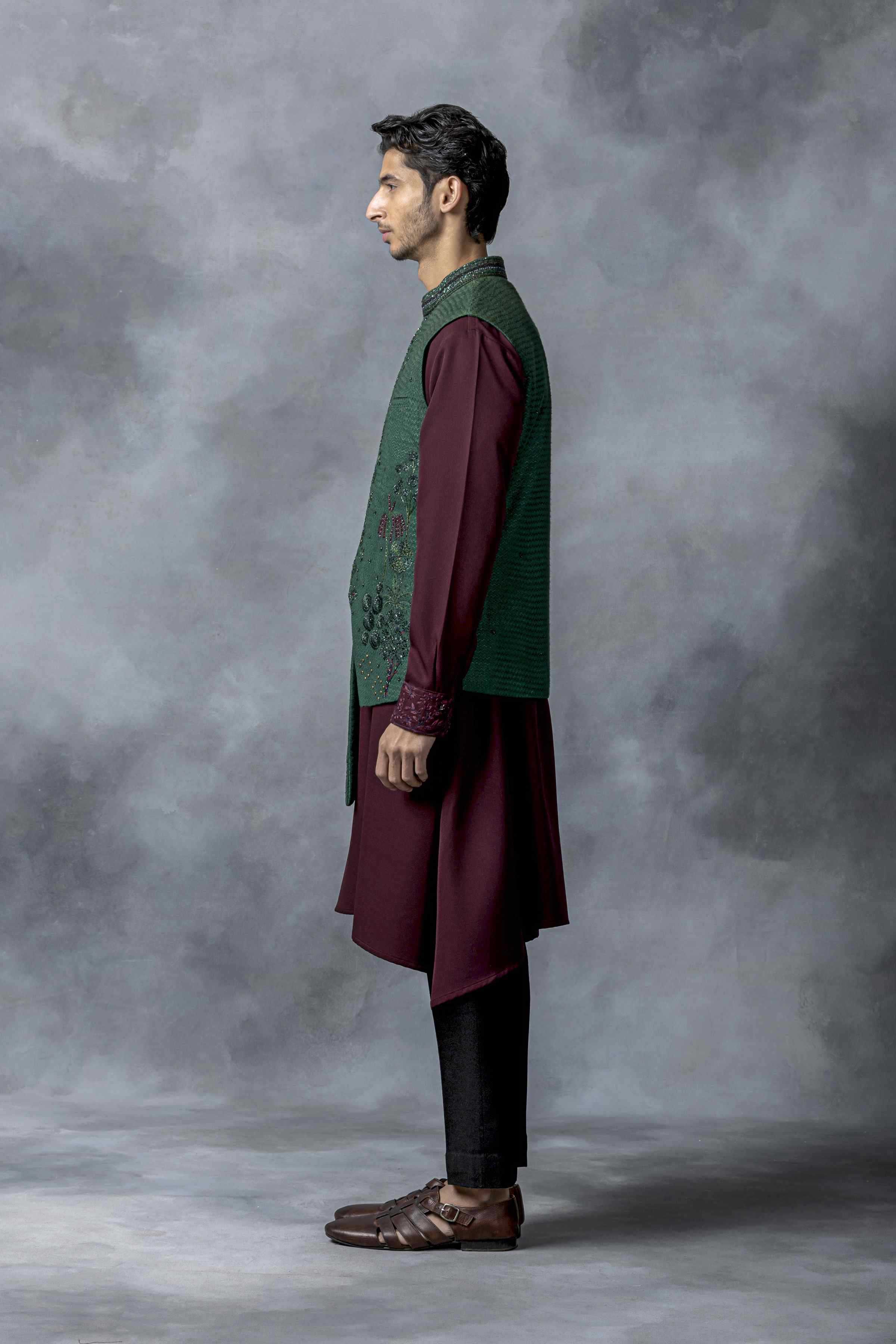 Green And Wine Pearl Work Waistcoat Set