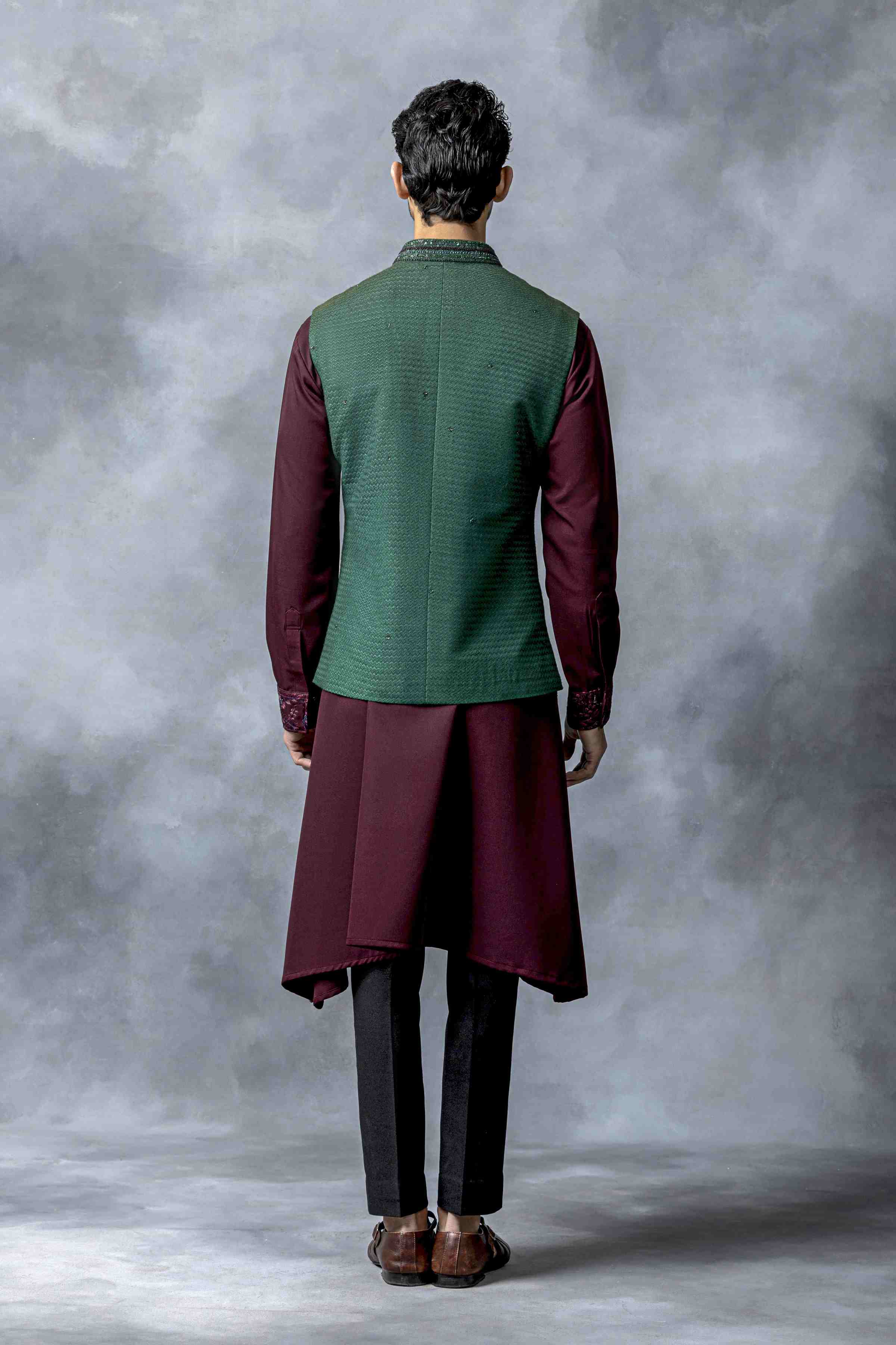 Green And Wine Pearl Work Waistcoat Set