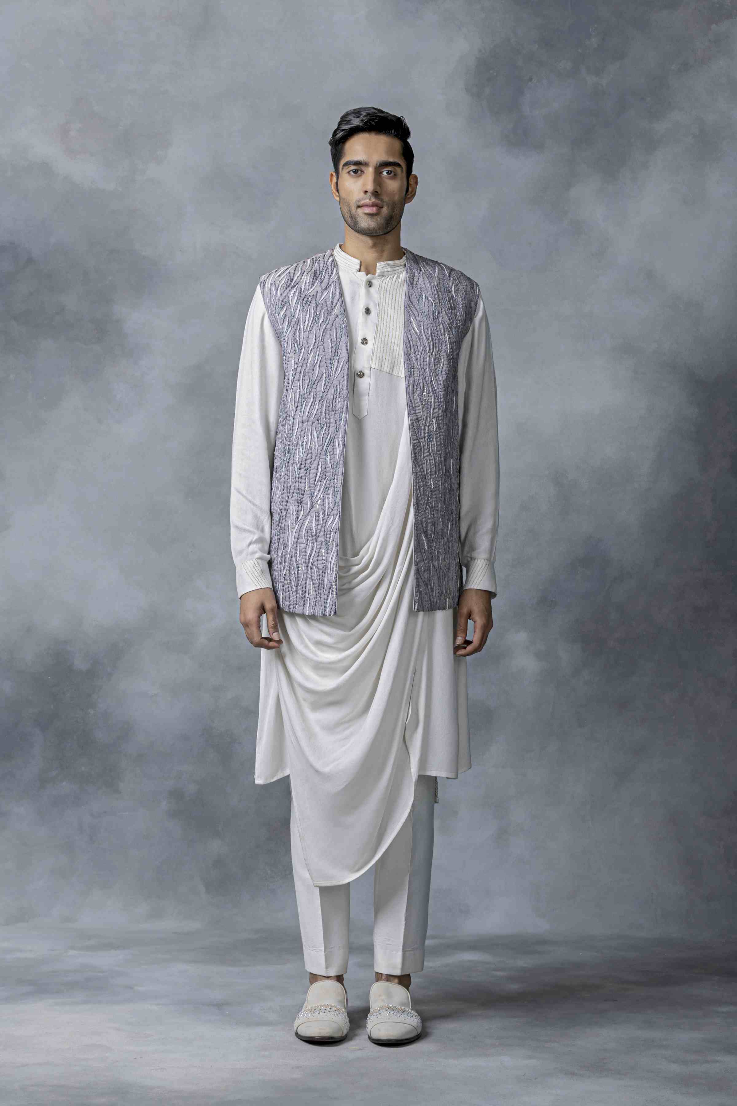 Grey And White Open Waistcoat Set