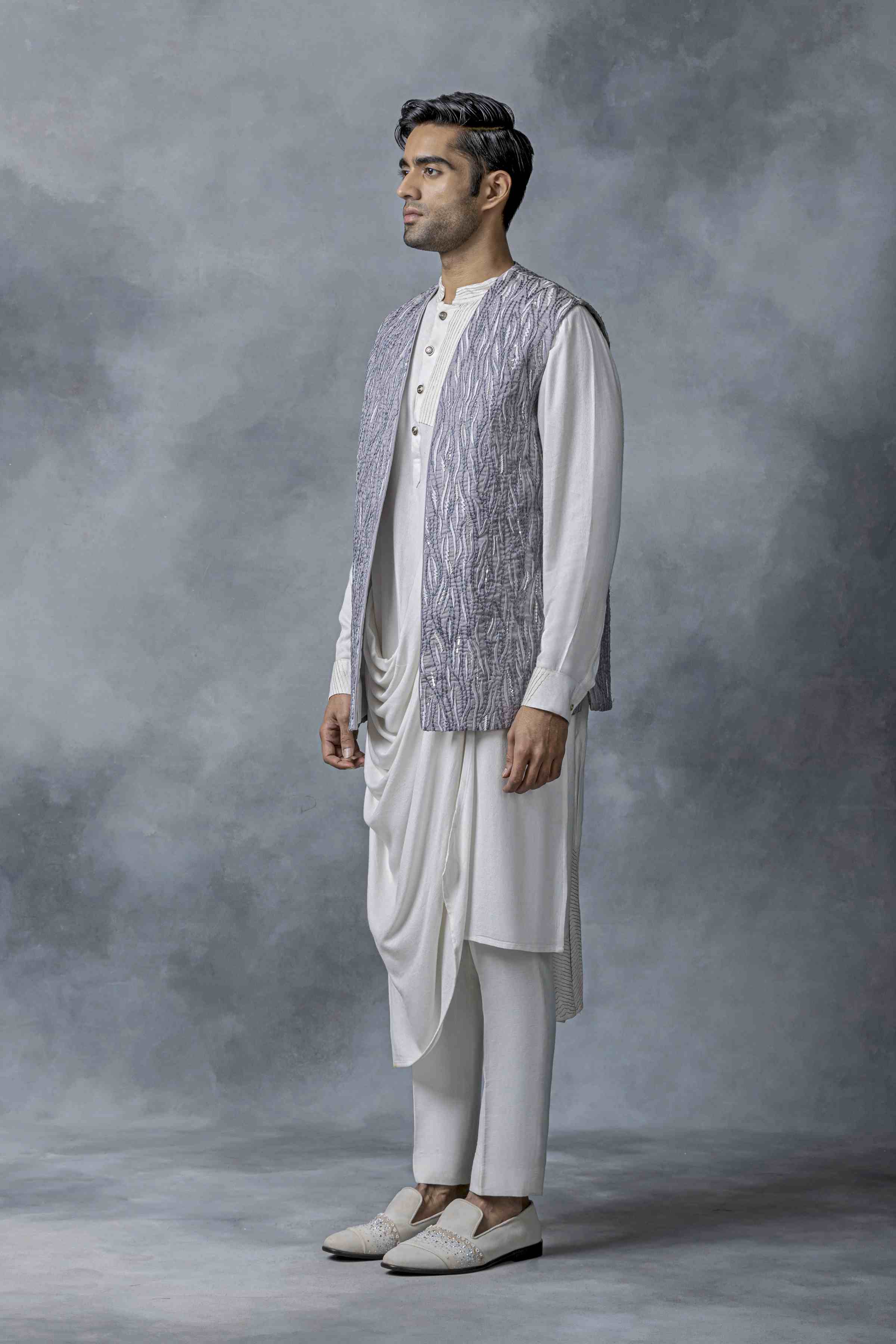Grey And White Open Waistcoat Set
