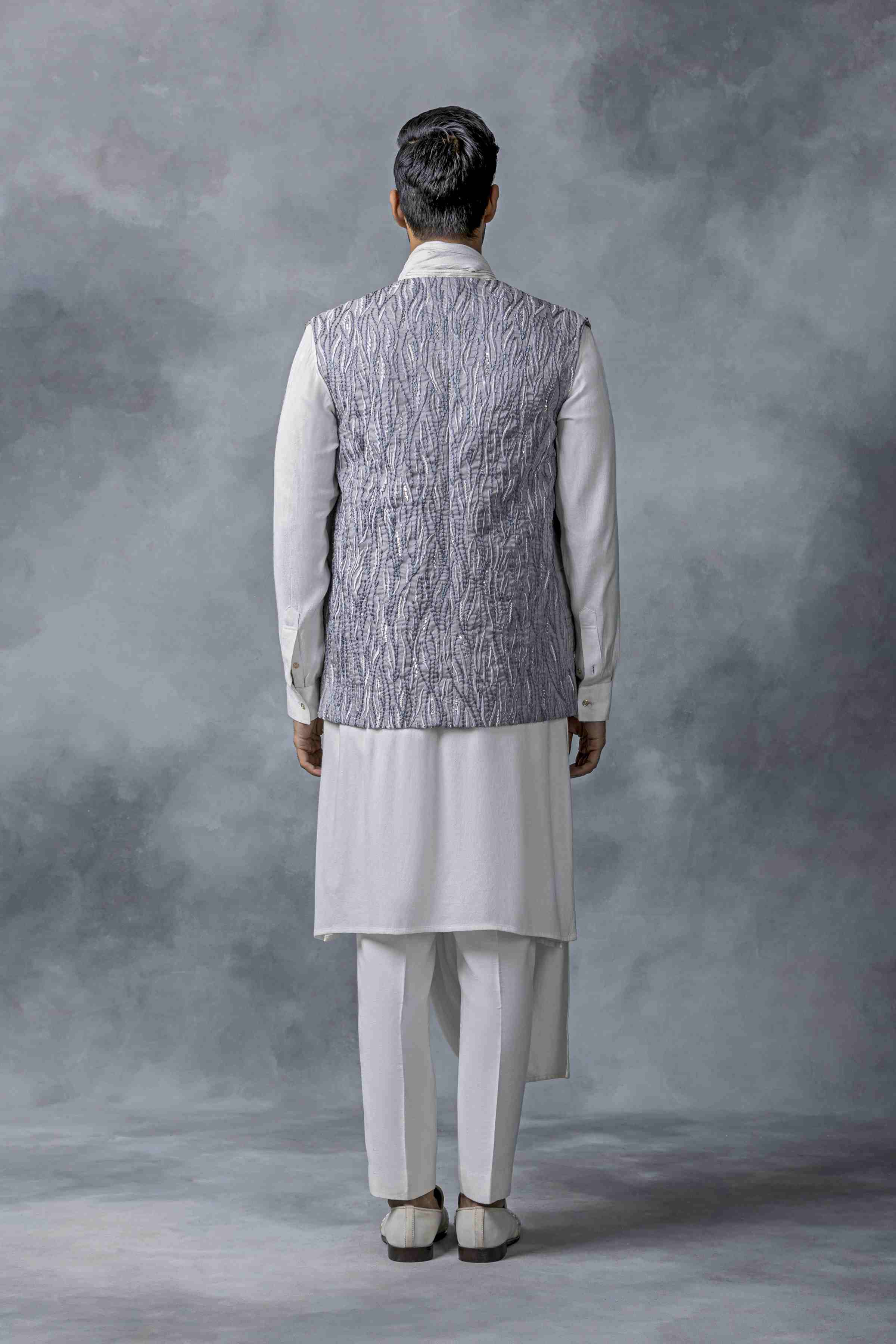 Grey And White Open Waistcoat Set