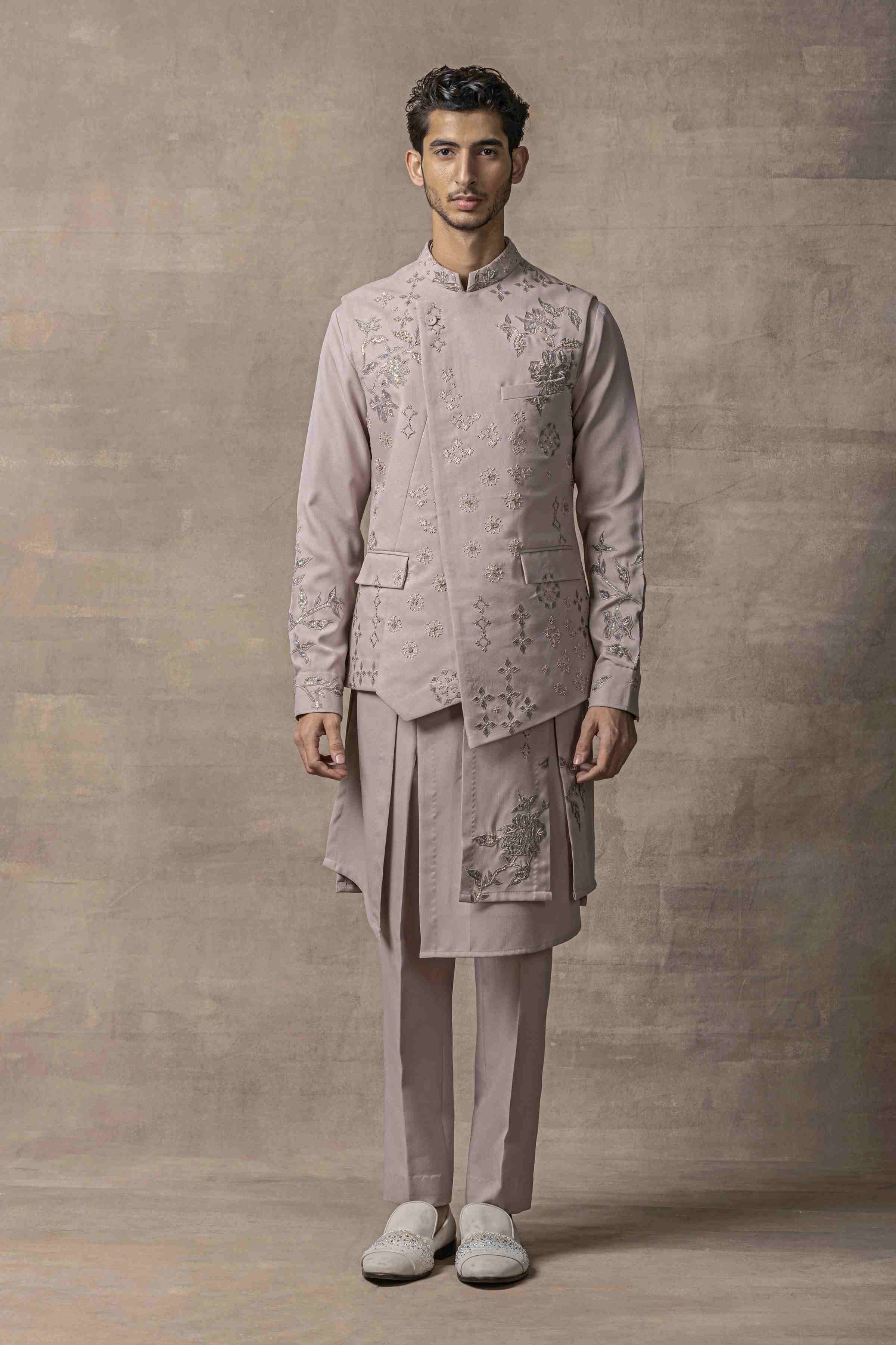 Lavender Waistcoat With Panel Kurta Set