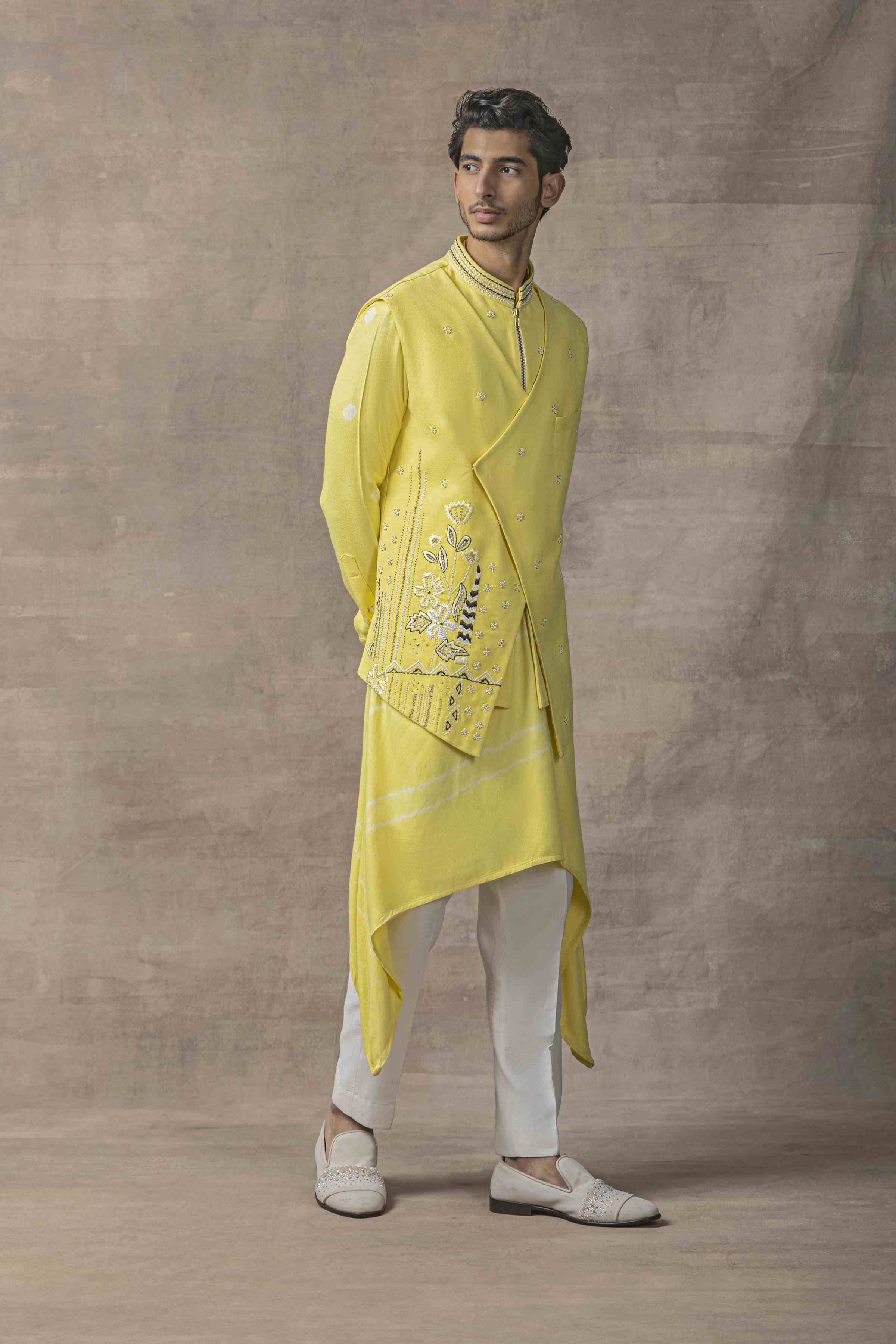 Lemon Waistcoat With Asymmetrical Kurta And Pants