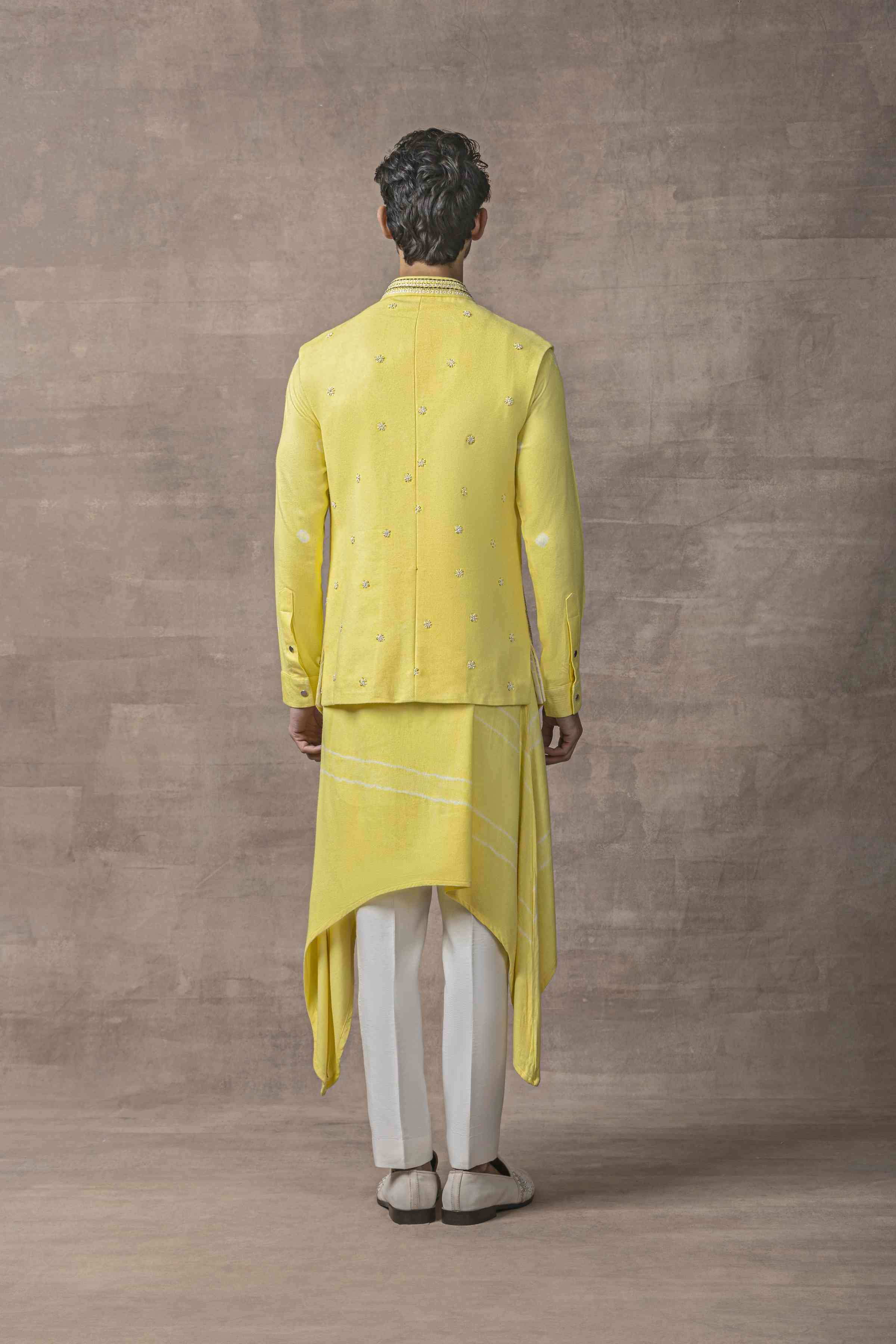 Lemon Waistcoat With Asymmetrical Kurta And Pants
