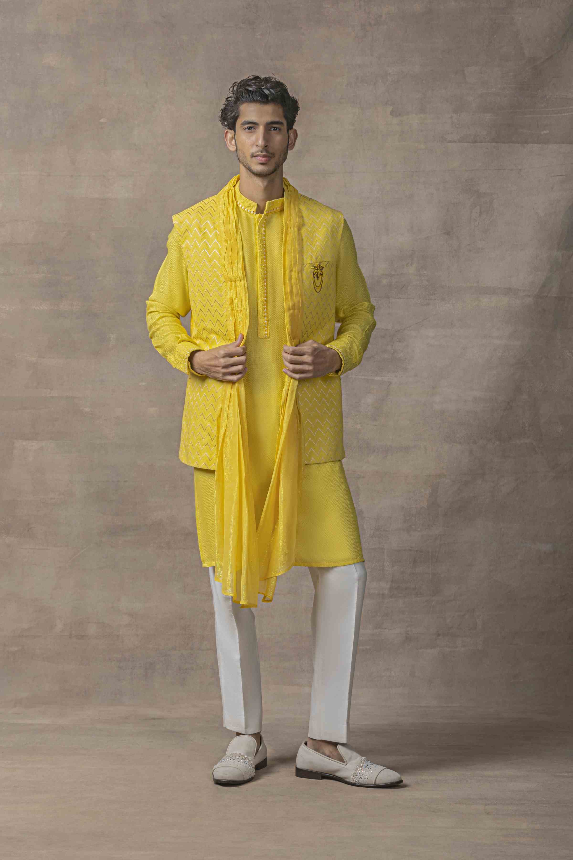 Mustard Drape Open Waistcoat Set