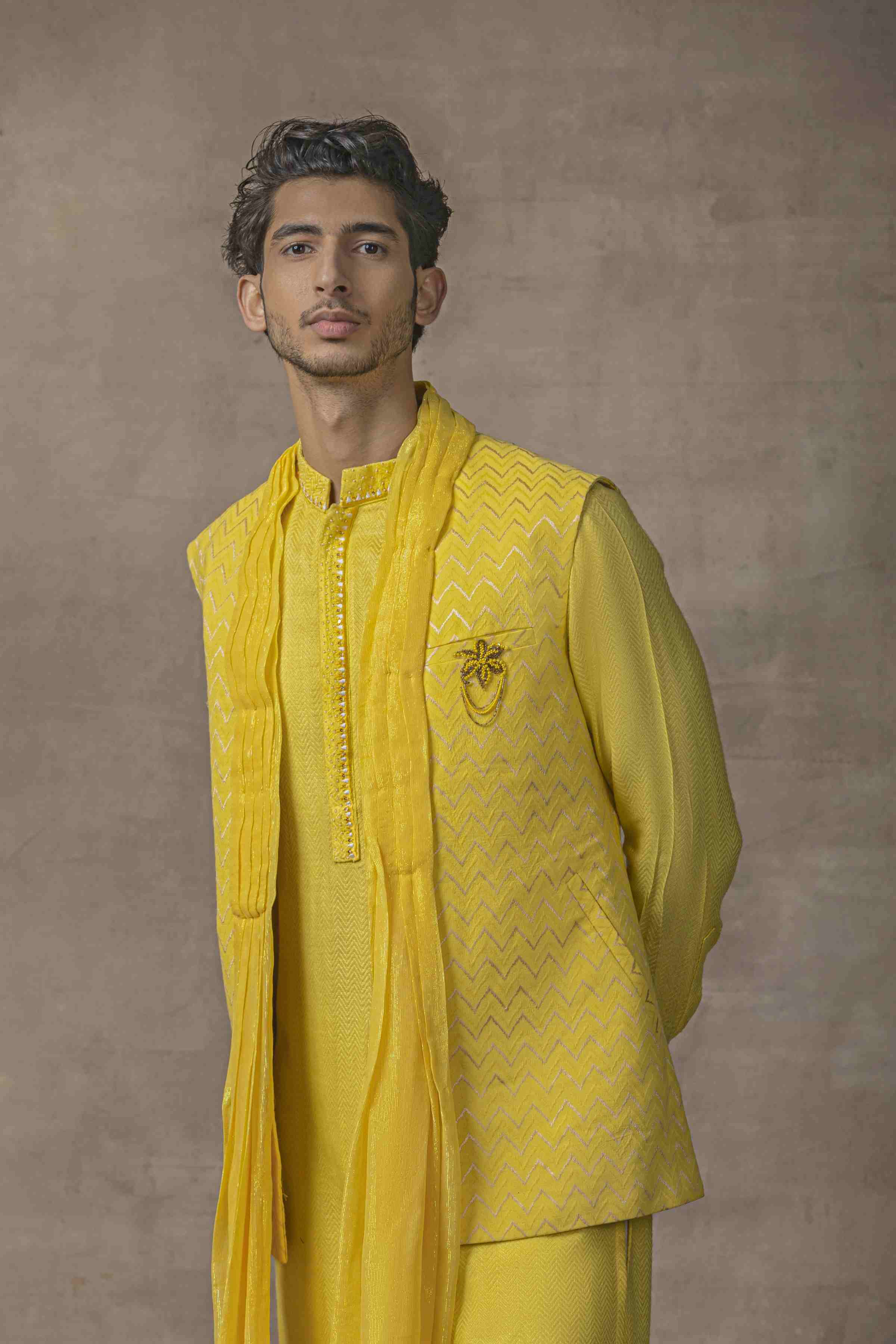 Mustard Drape Open Waistcoat Set