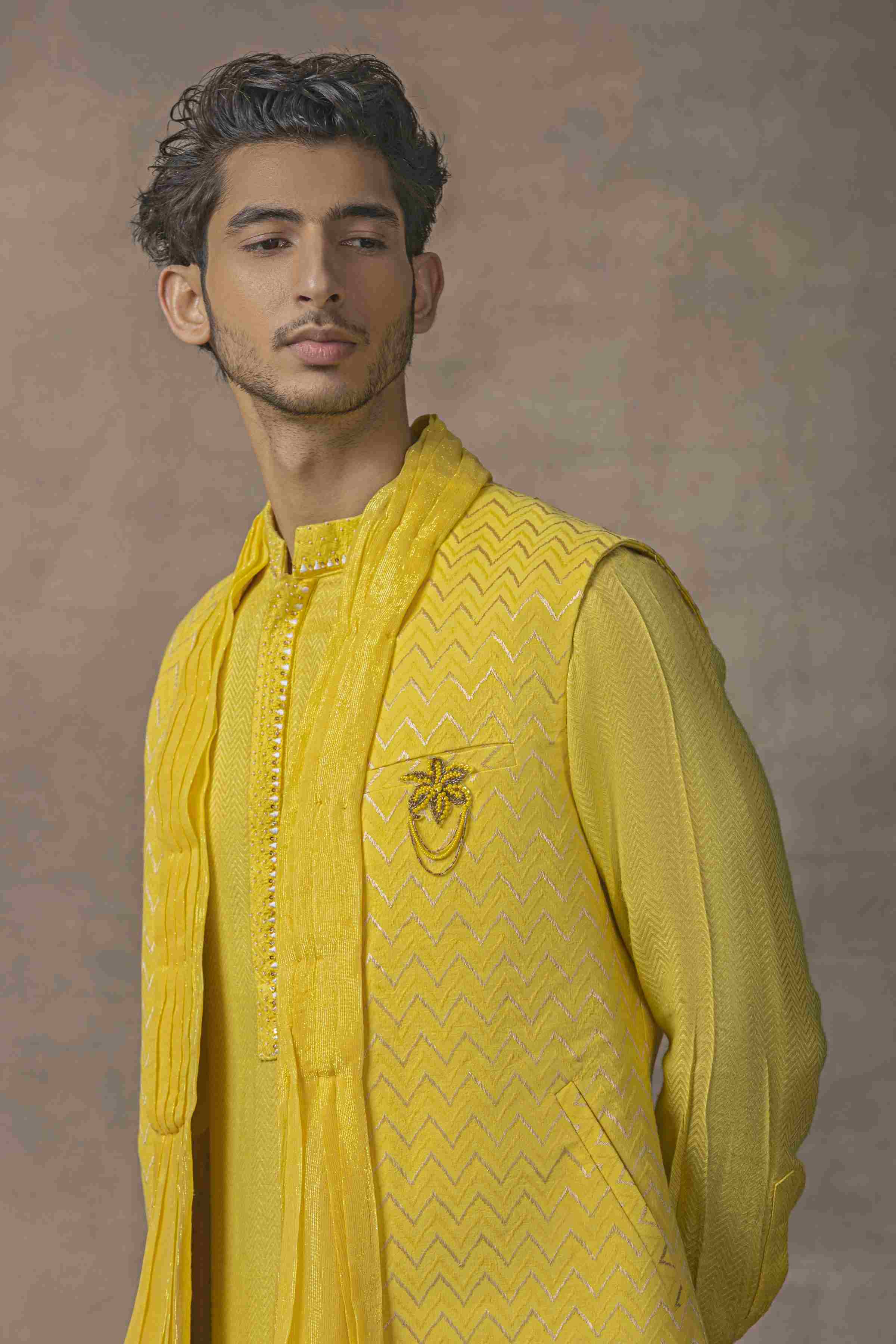 Mustard Drape Open Waistcoat Set