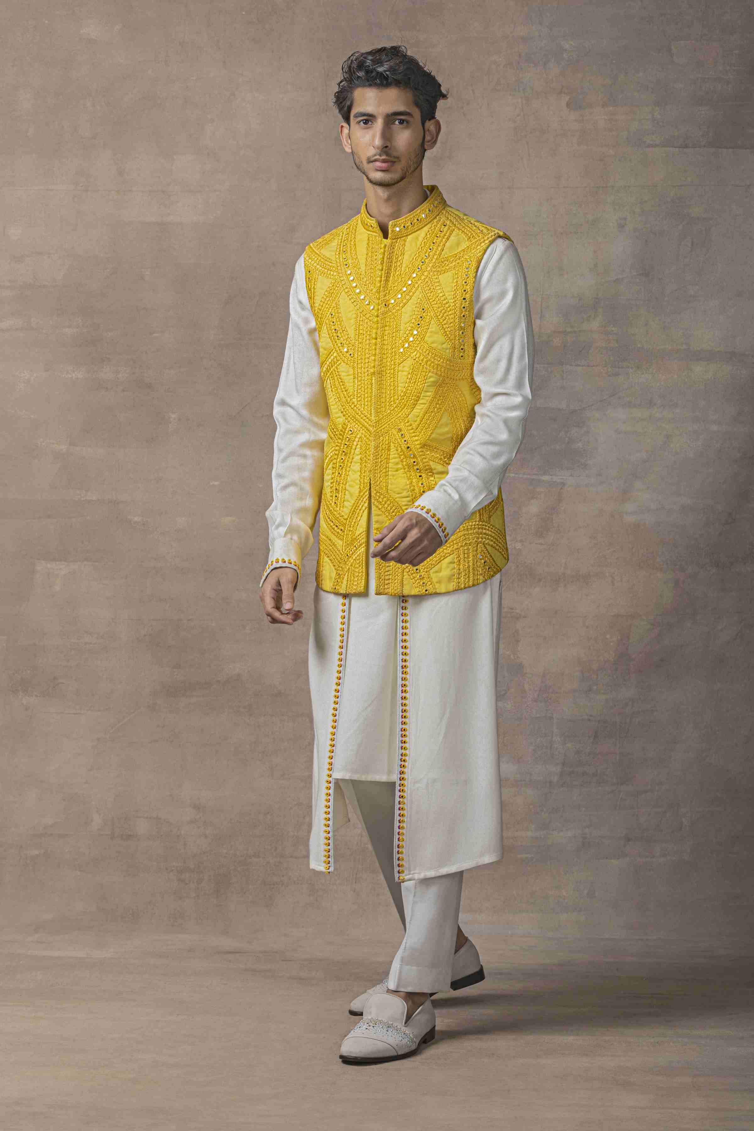 Mustard Drape Open Waistcoat Set