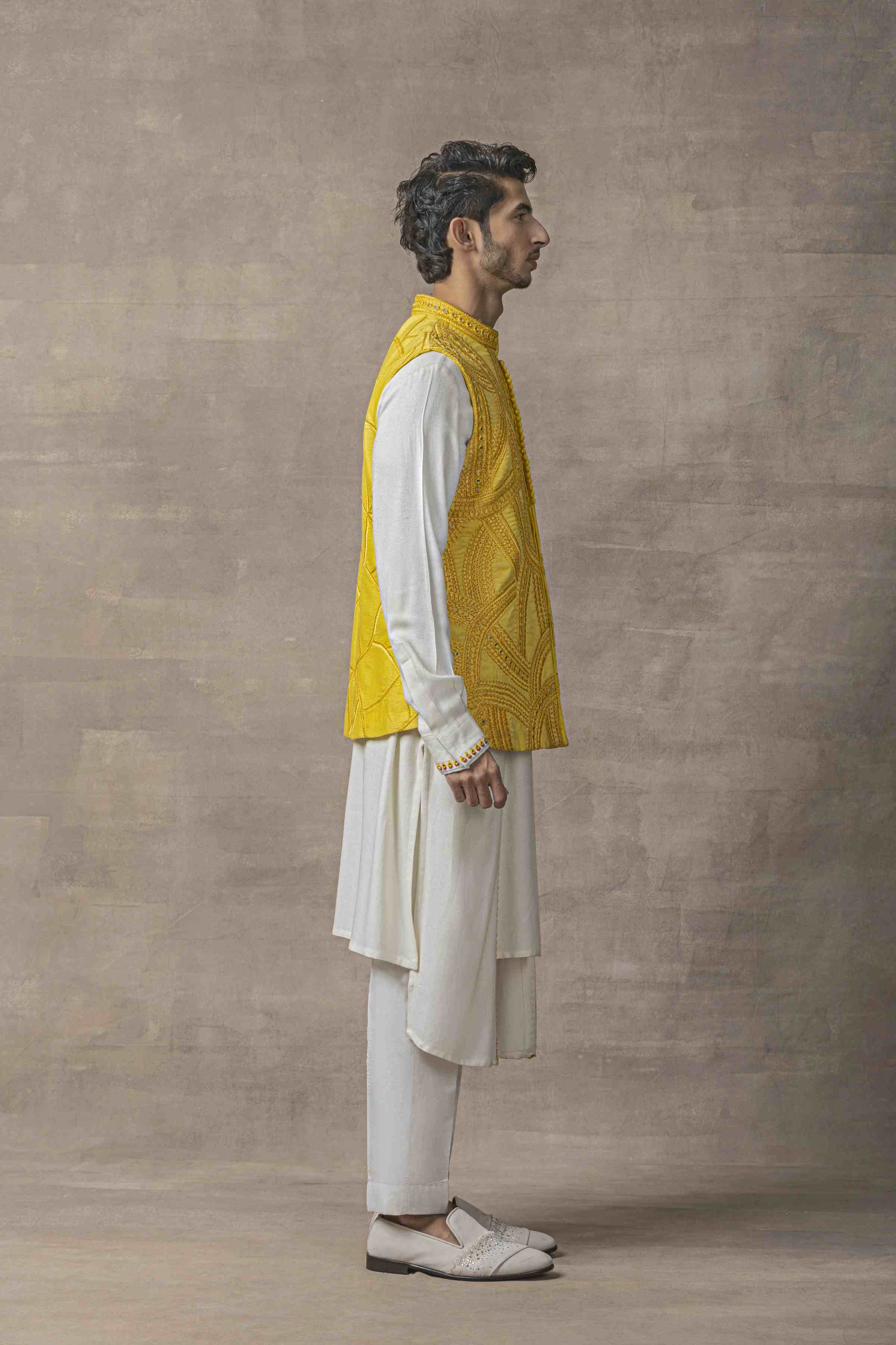 Mustard Drape Open Waistcoat Set