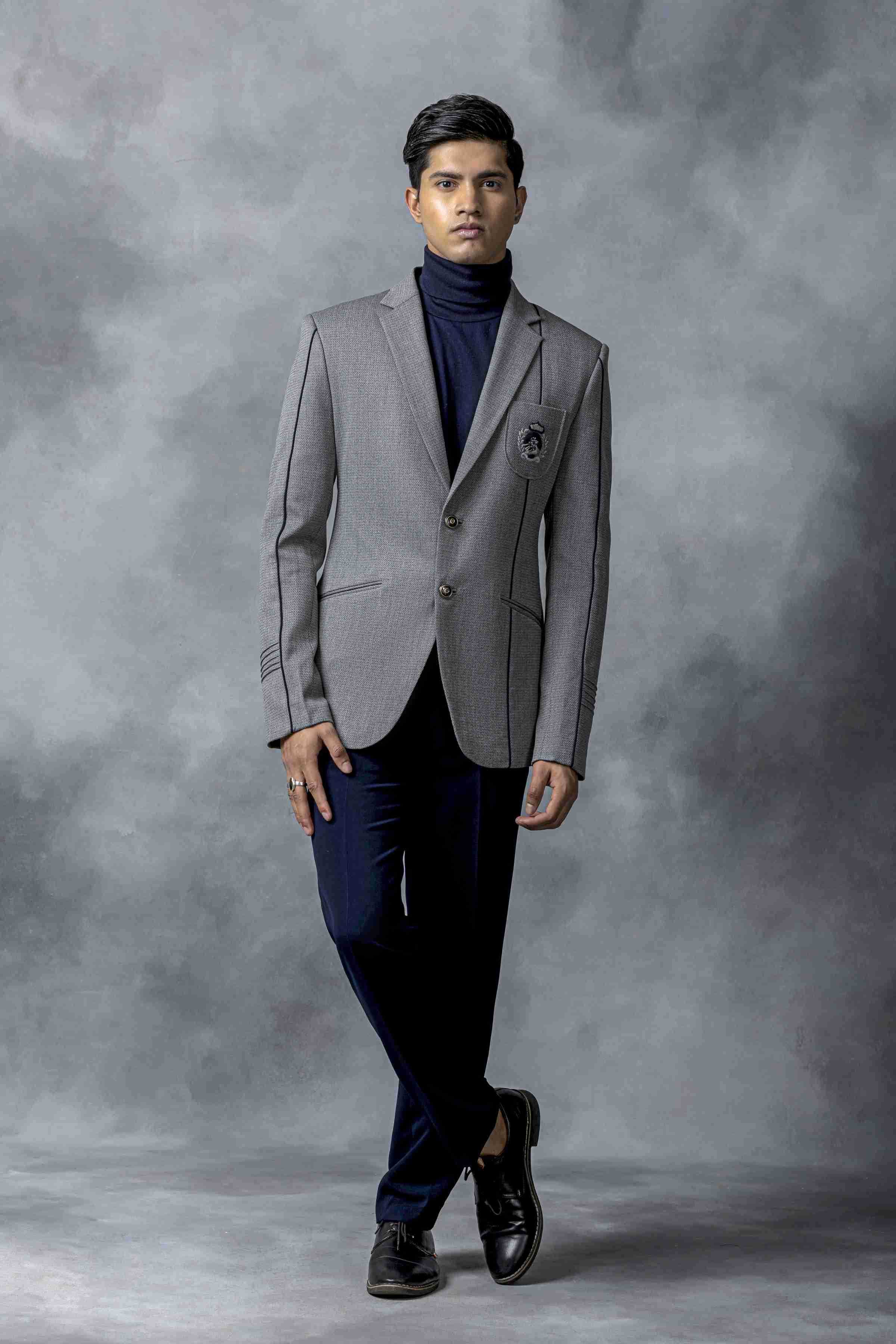 Grey Blazer With Patch Pocket And Navy Piping