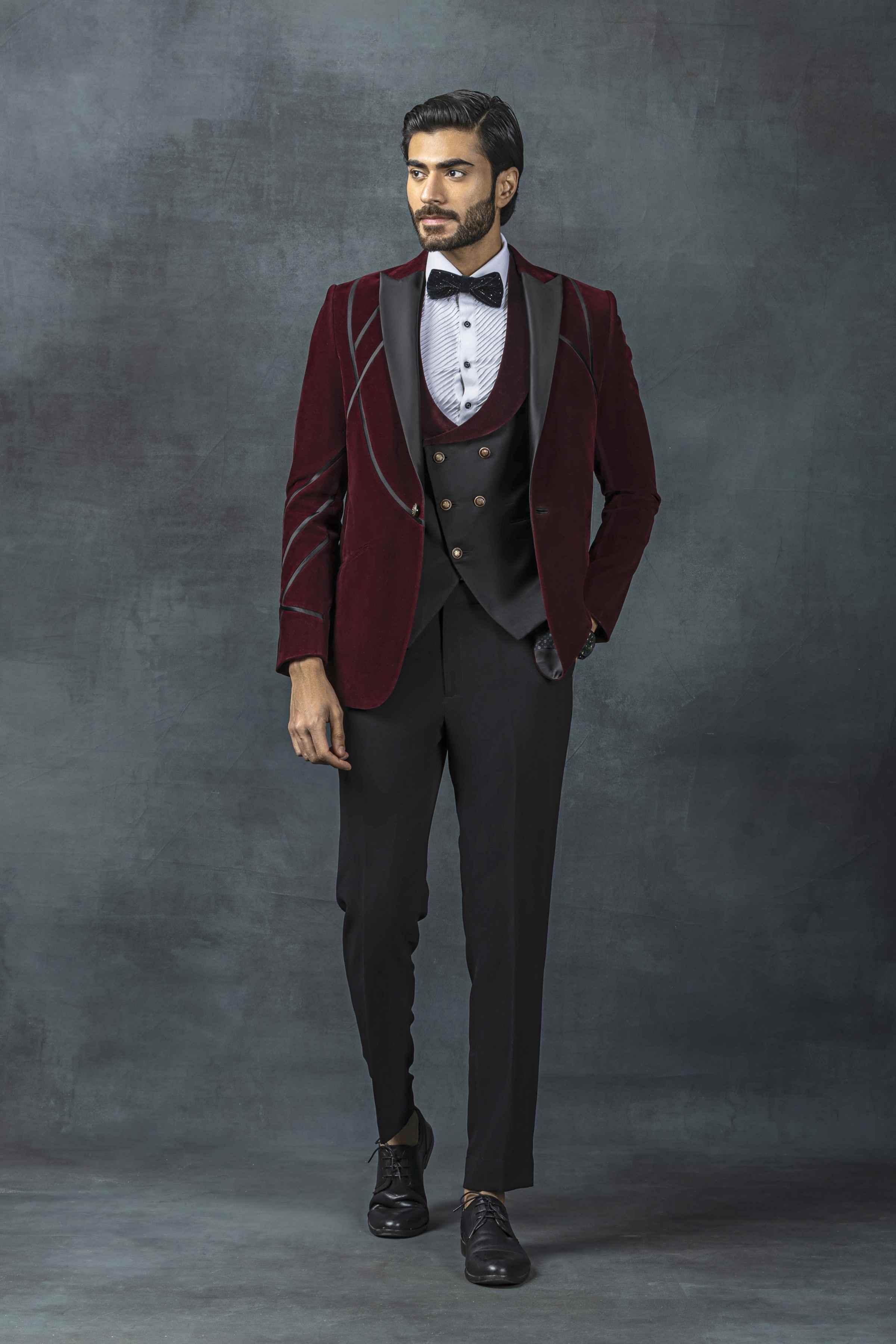 Wine Velvet Tuxedo With Black Satin Stripe Detailing