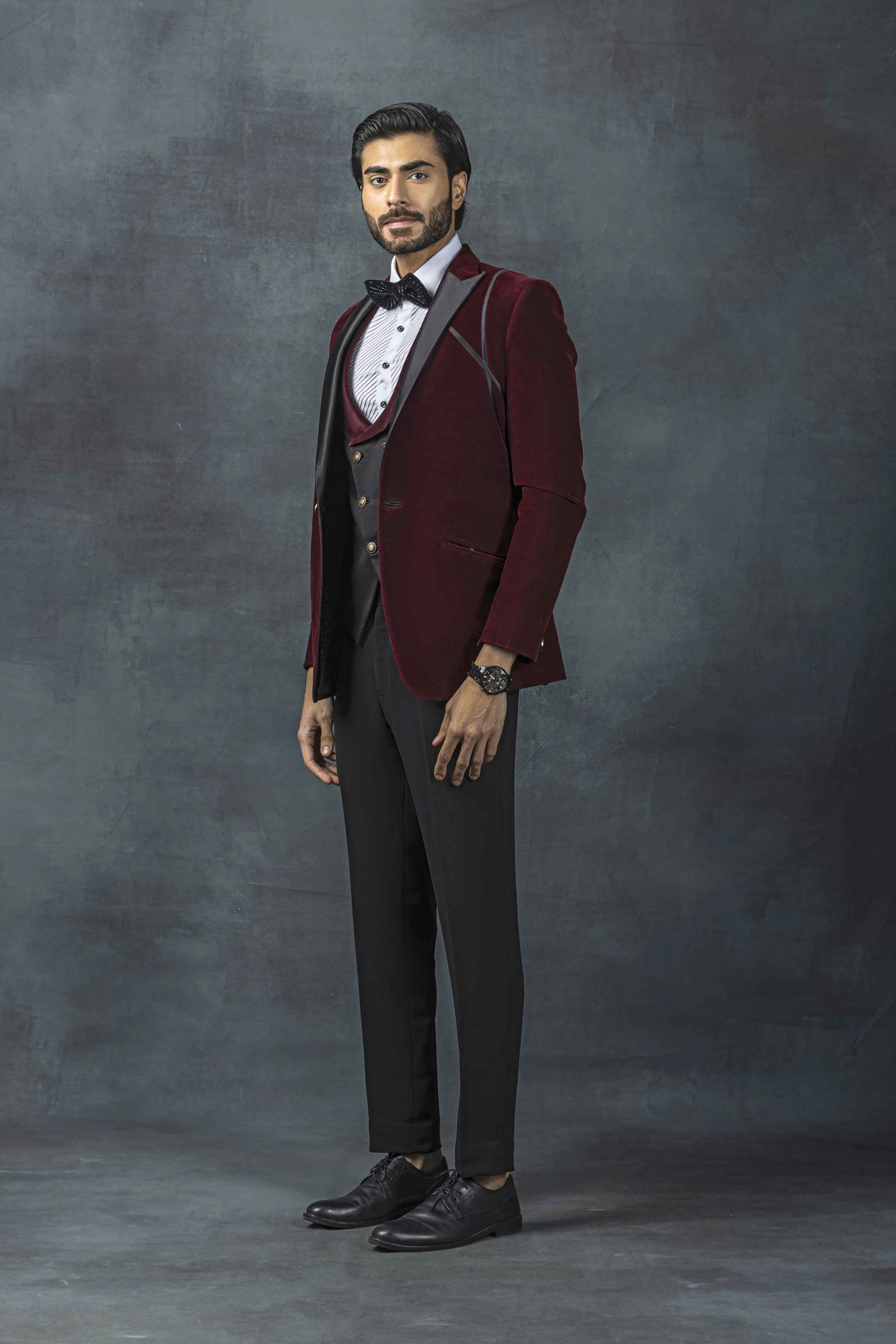 Wine Velvet Tuxedo With Black Satin Stripe Detailing