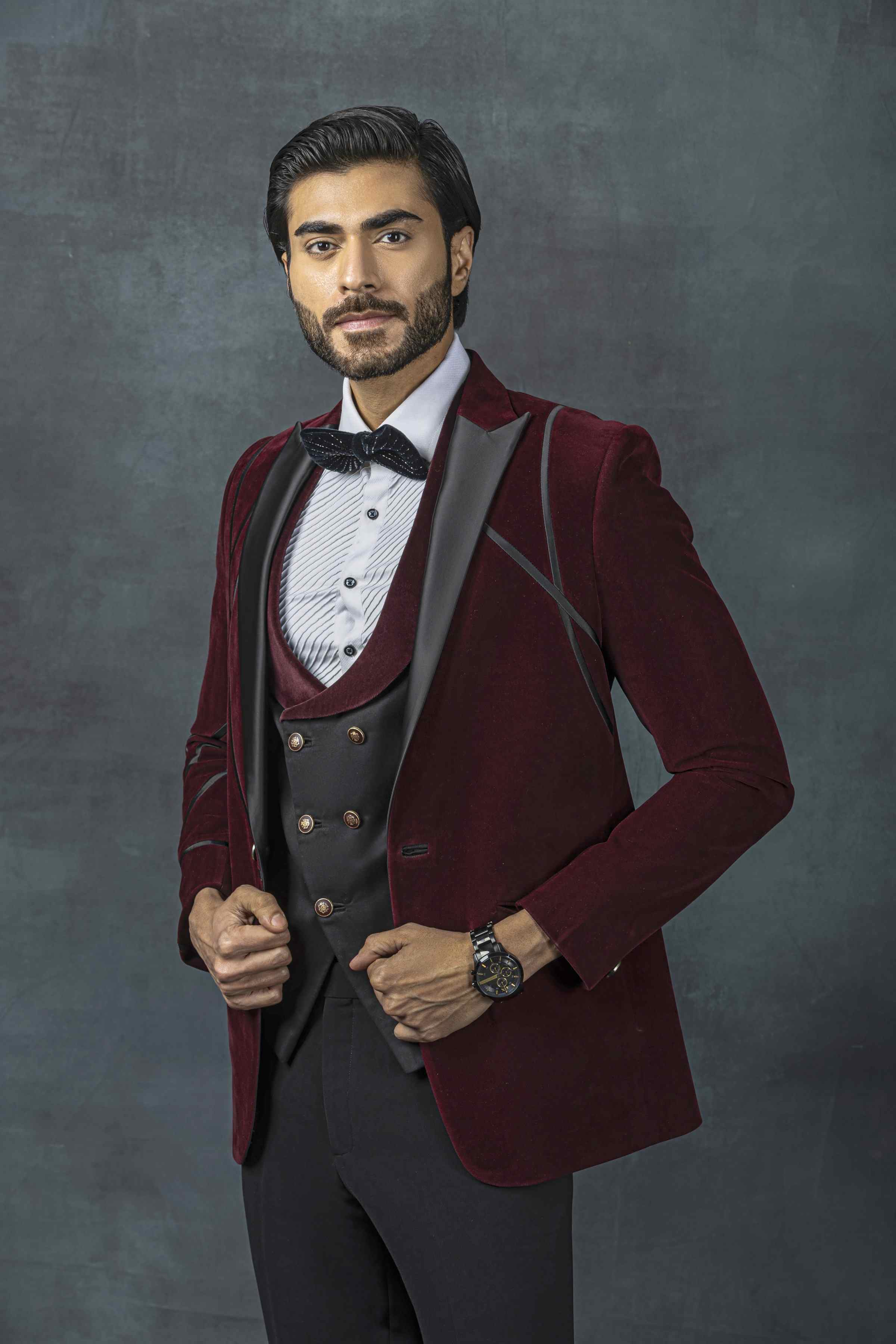 Wine Velvet Tuxedo With Black Satin Stripe Detailing