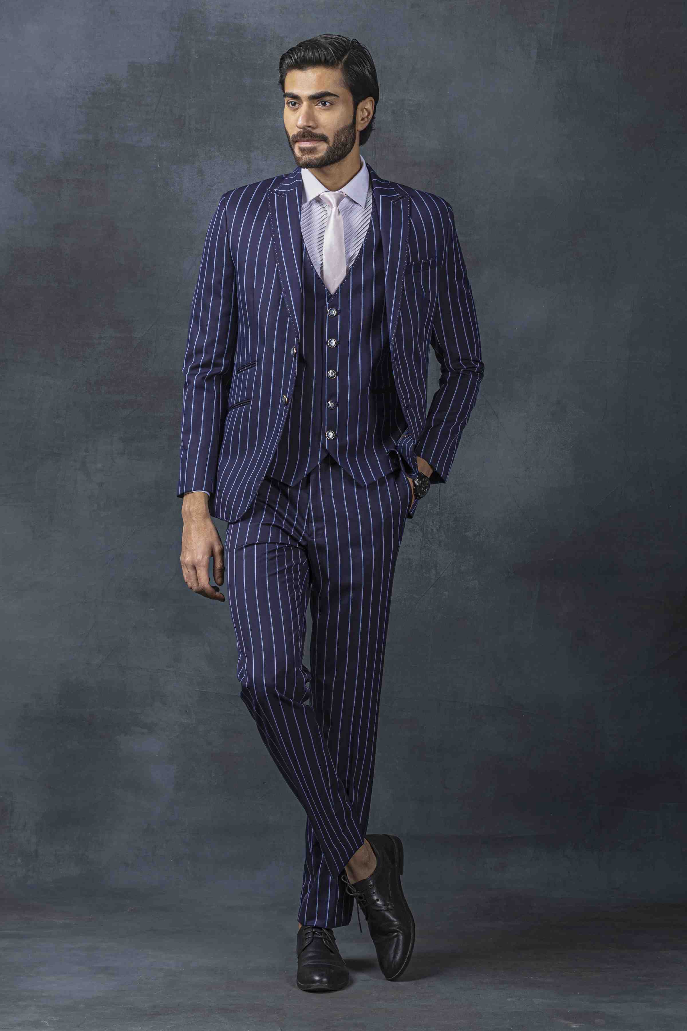 Navy Stripped Classic Two Buttoned Suit