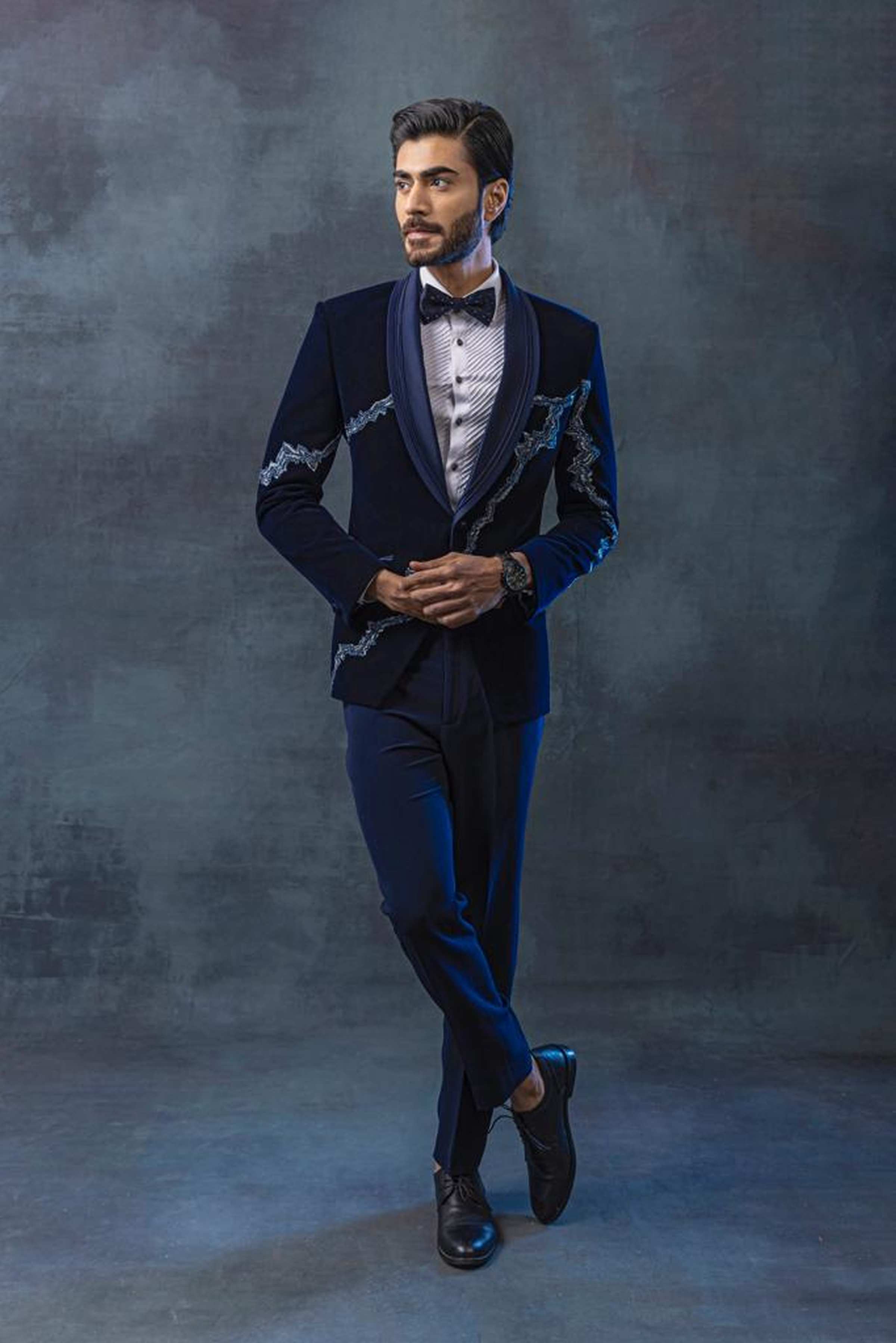 Blue Velvet Tuxedo With Peal Embellishment