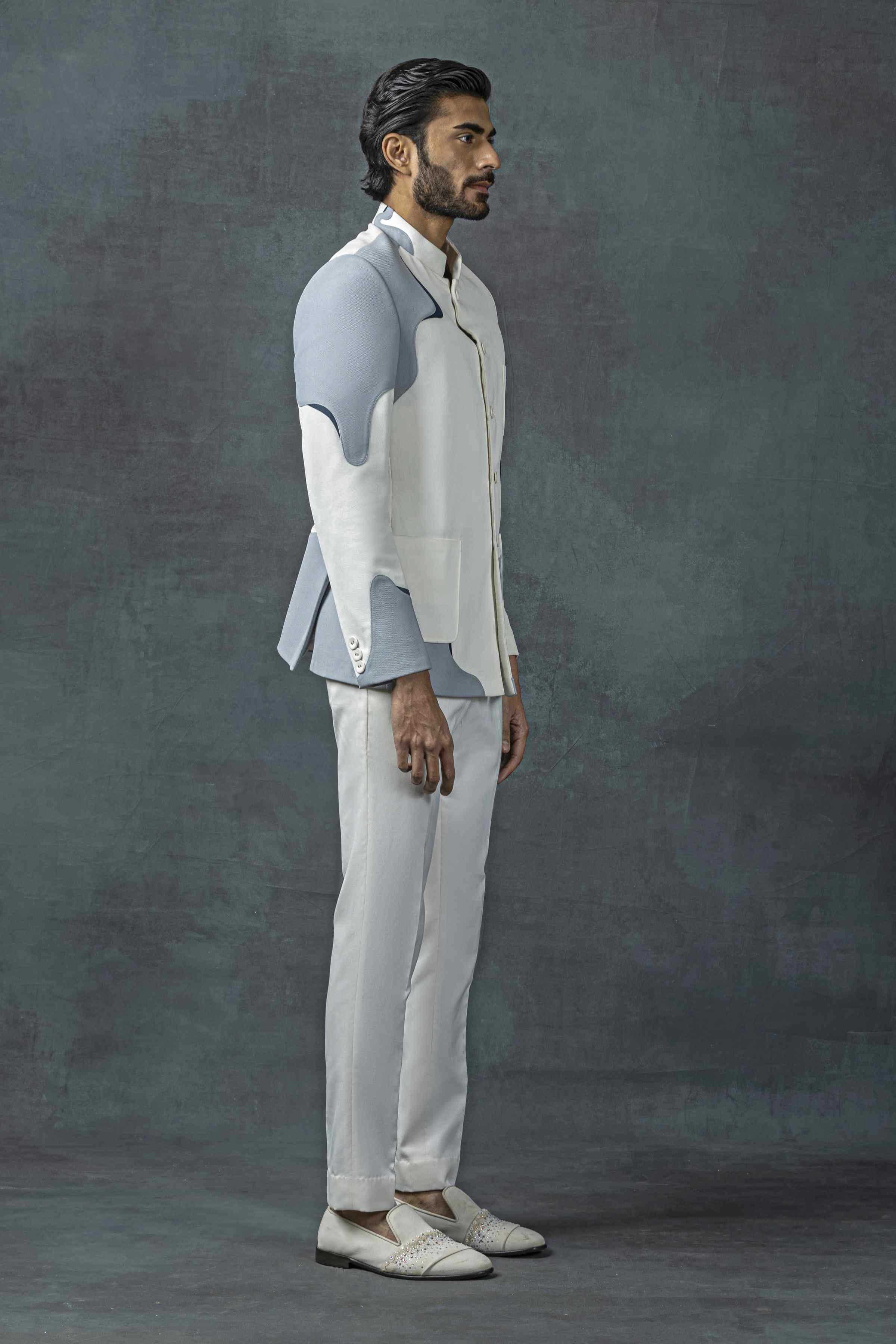 Off White Bandhgala With Grey Applique Work Set