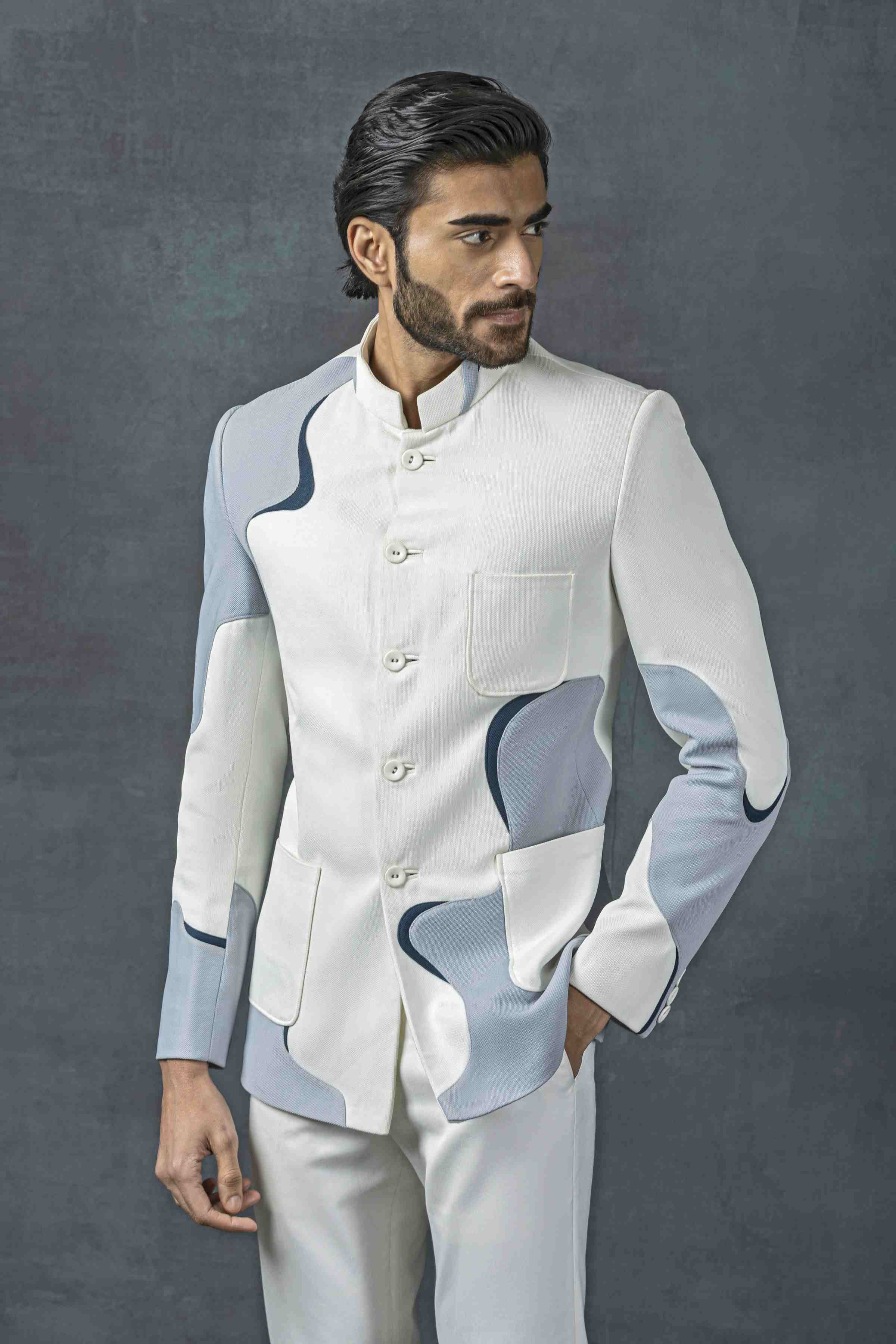 Off White Bandhgala With Grey Applique Work Set