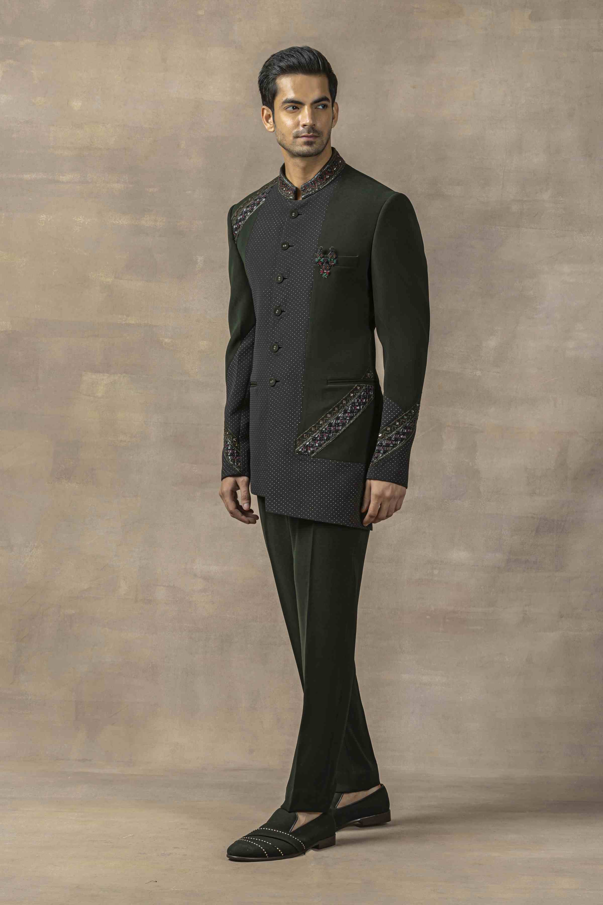 Forest Green Bandhgala With Pearl Work