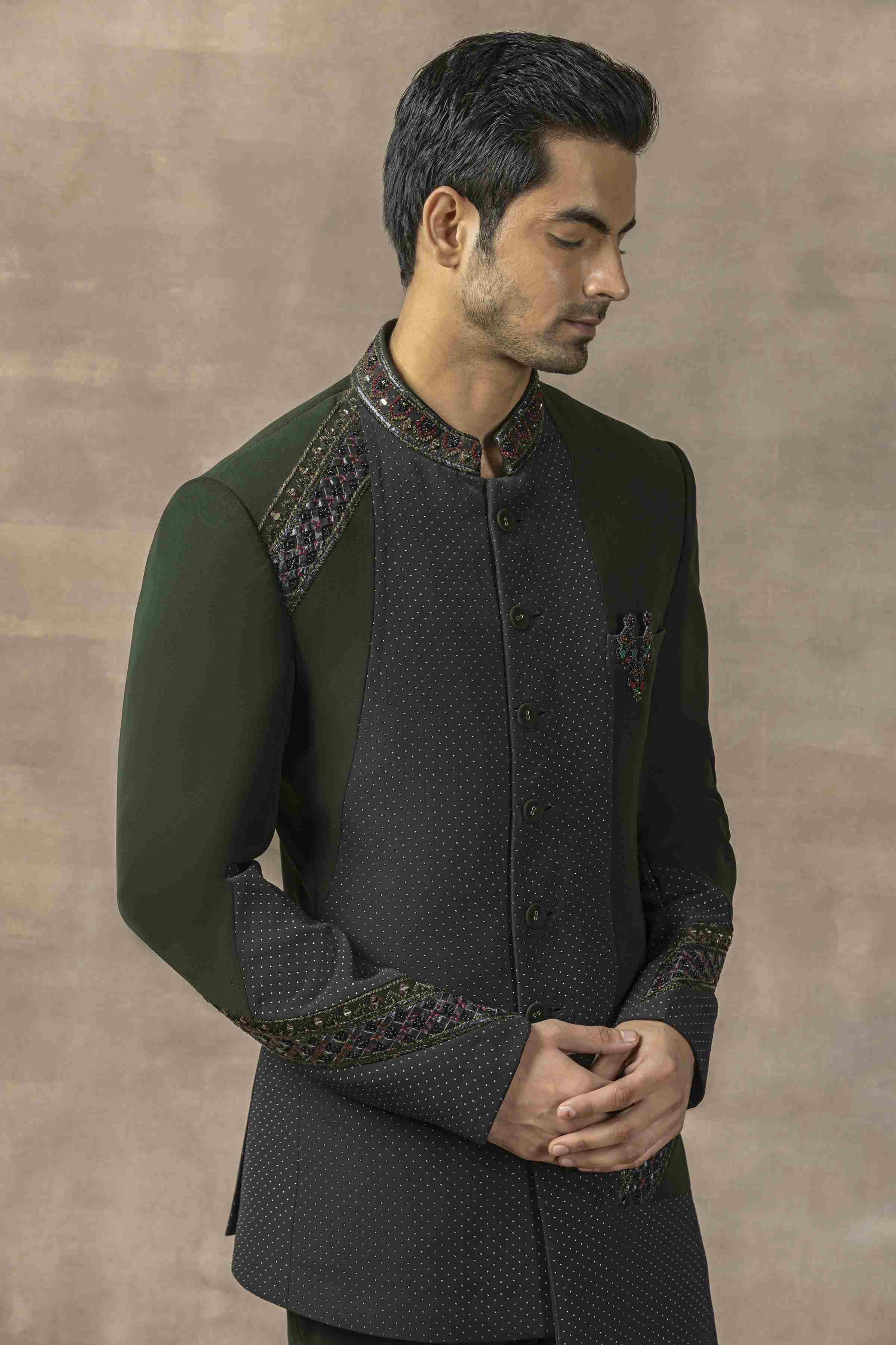 Forest Green Bandhgala With Pearl Work