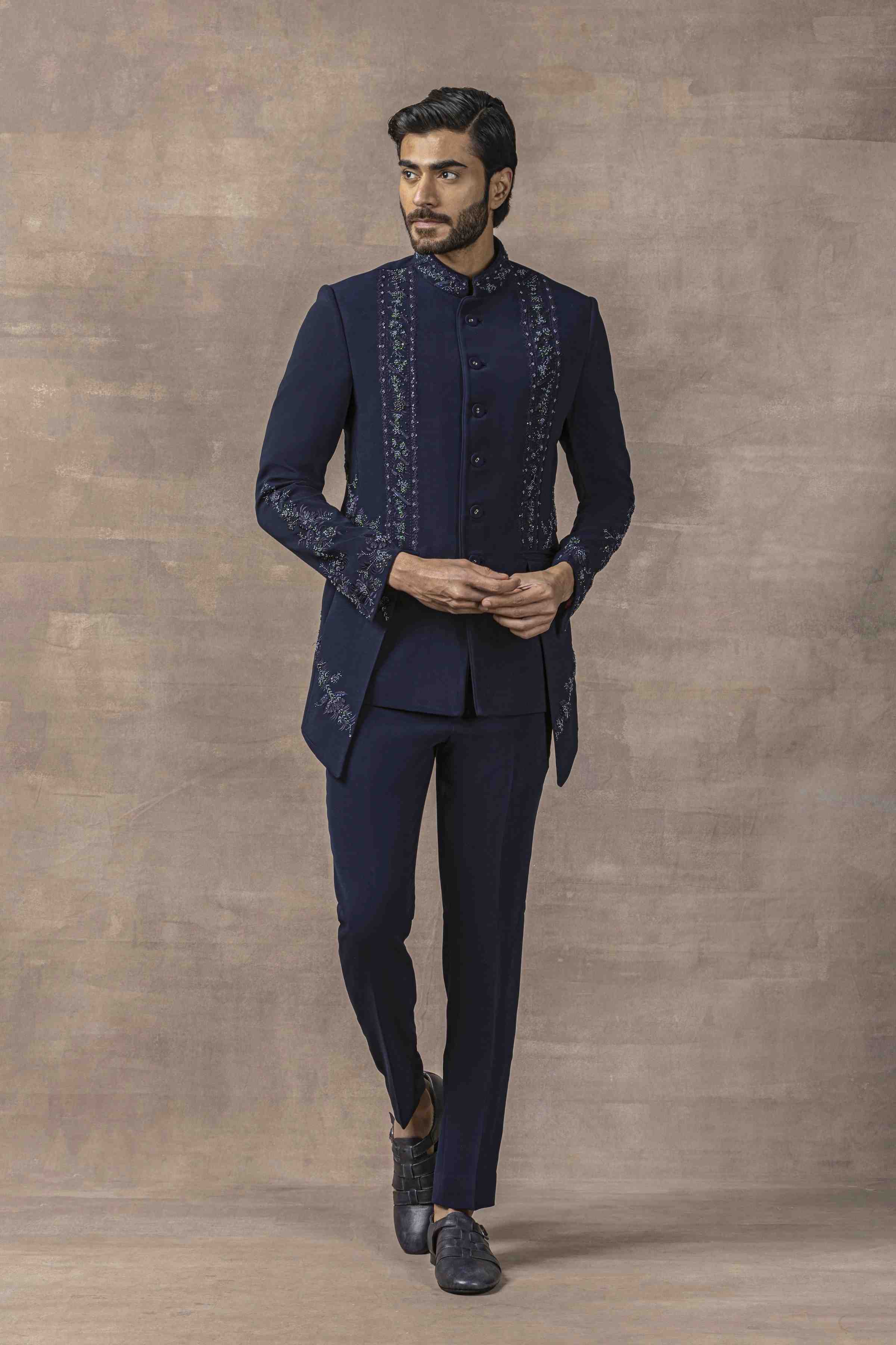 Navy Panel Bandhgala With Tonal Thread Work Set