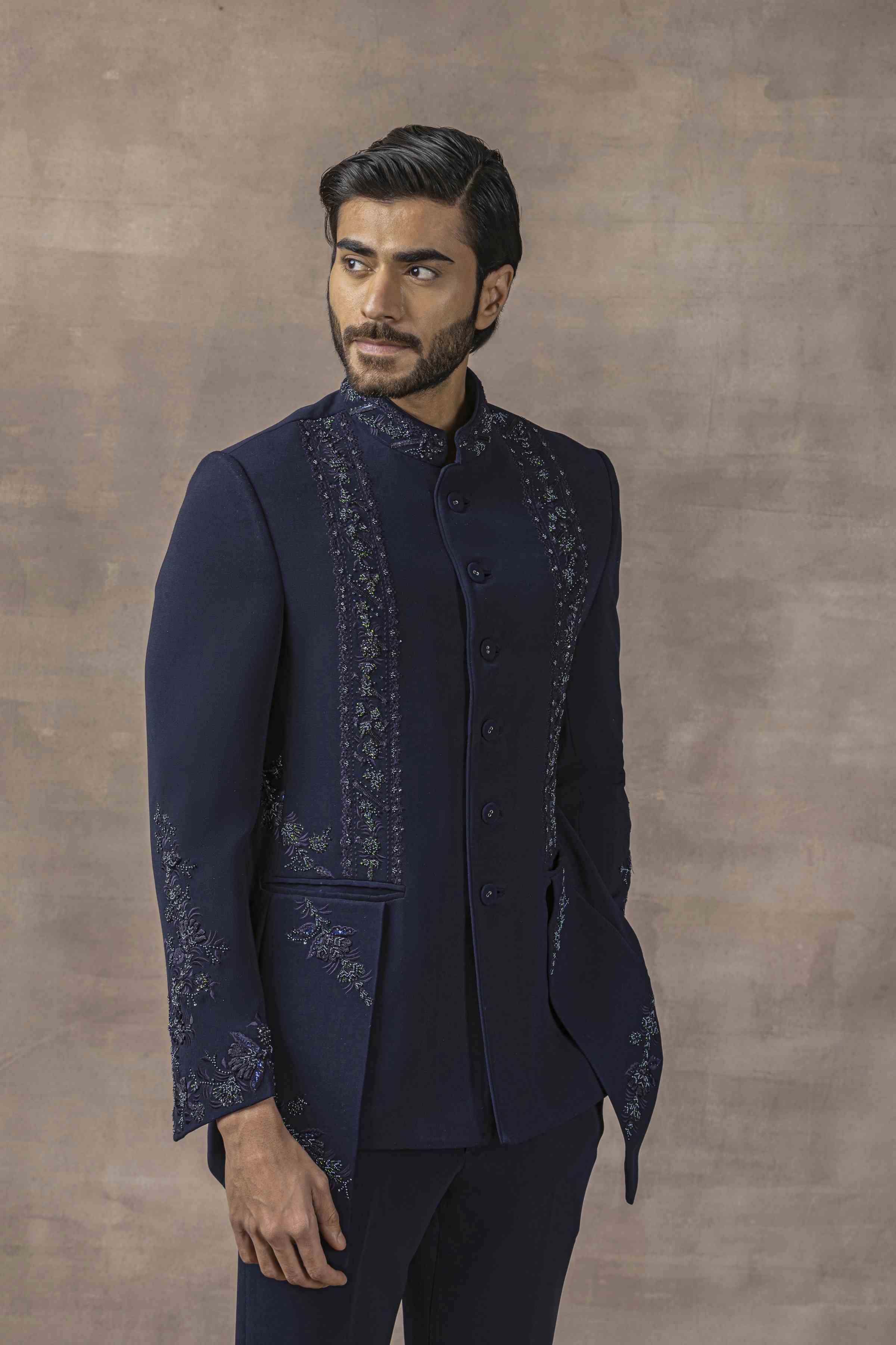 Navy Panel Bandhgala With Tonal Thread Work Set
