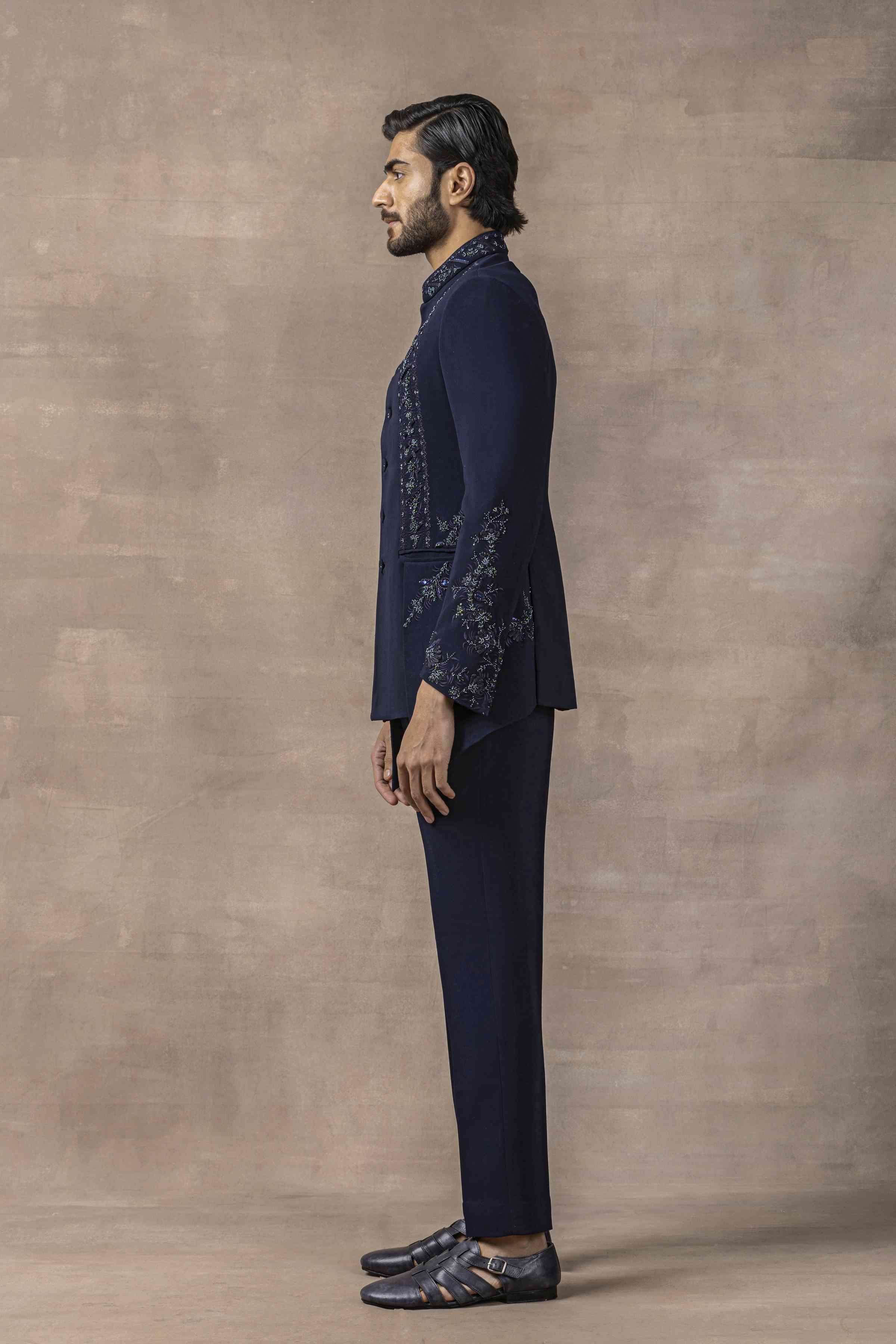 Navy Panel Bandhgala With Tonal Thread Work Set