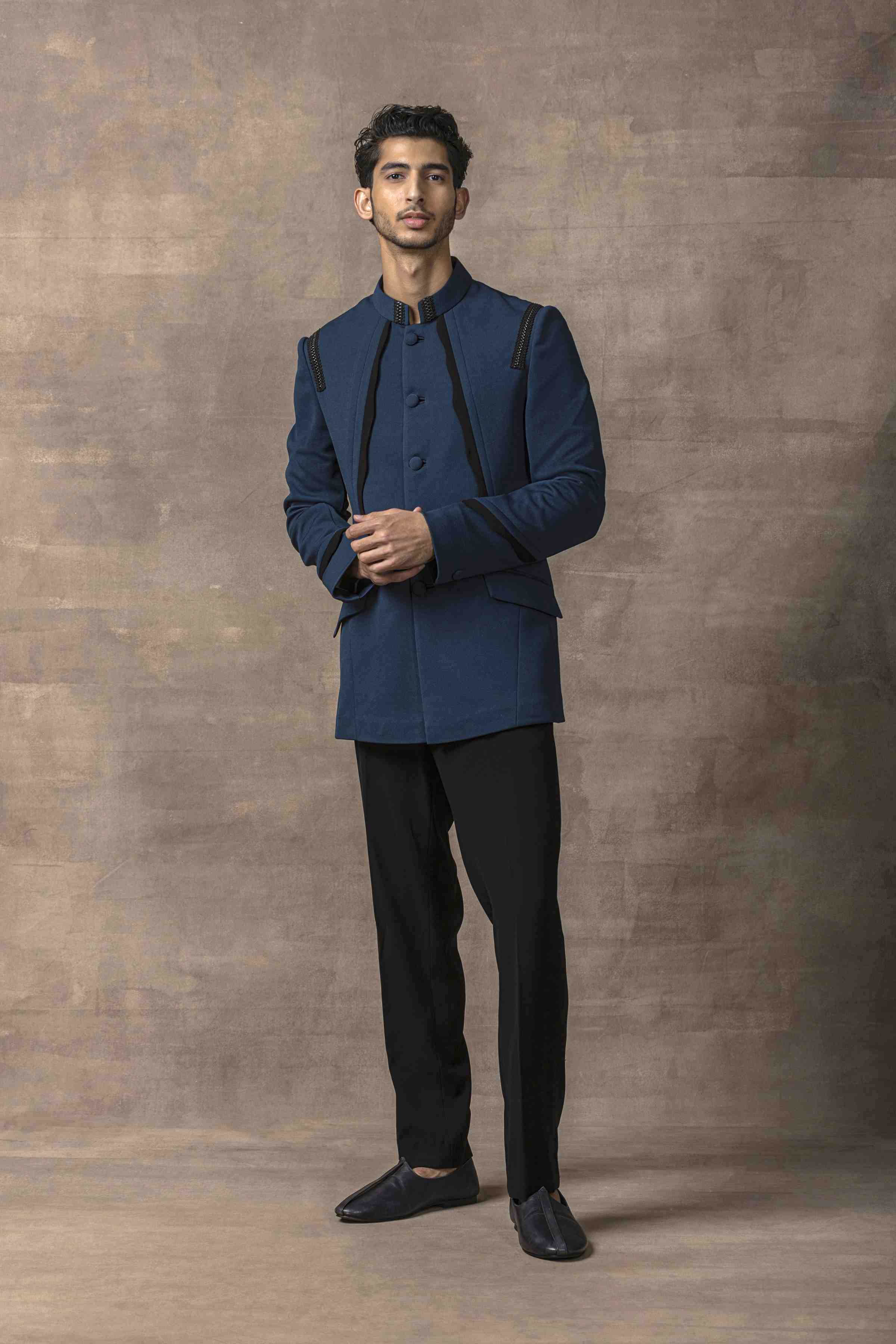 Teal Bandhgala With Black Scalping Set