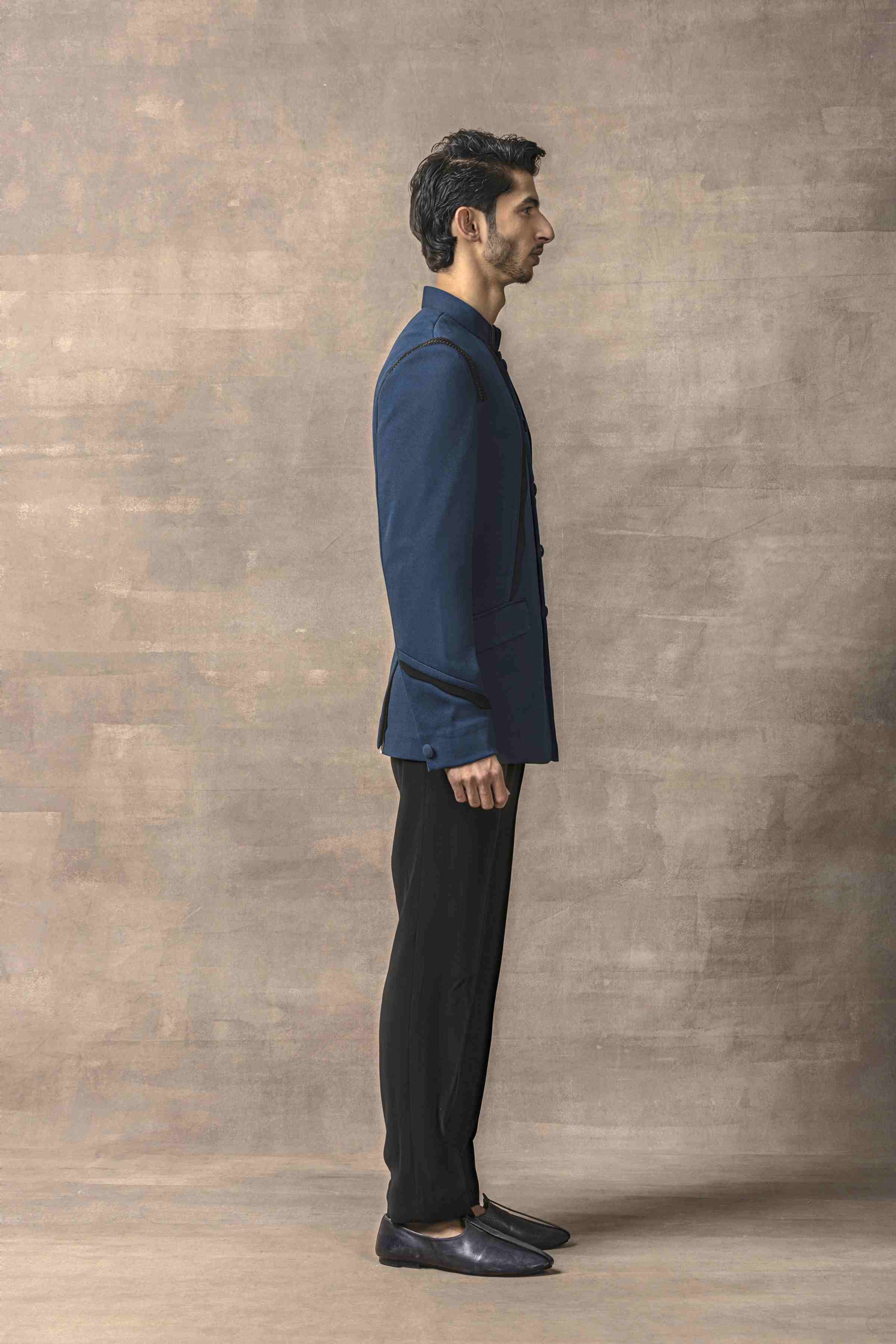 Teal Bandhgala With Black Scalping Set