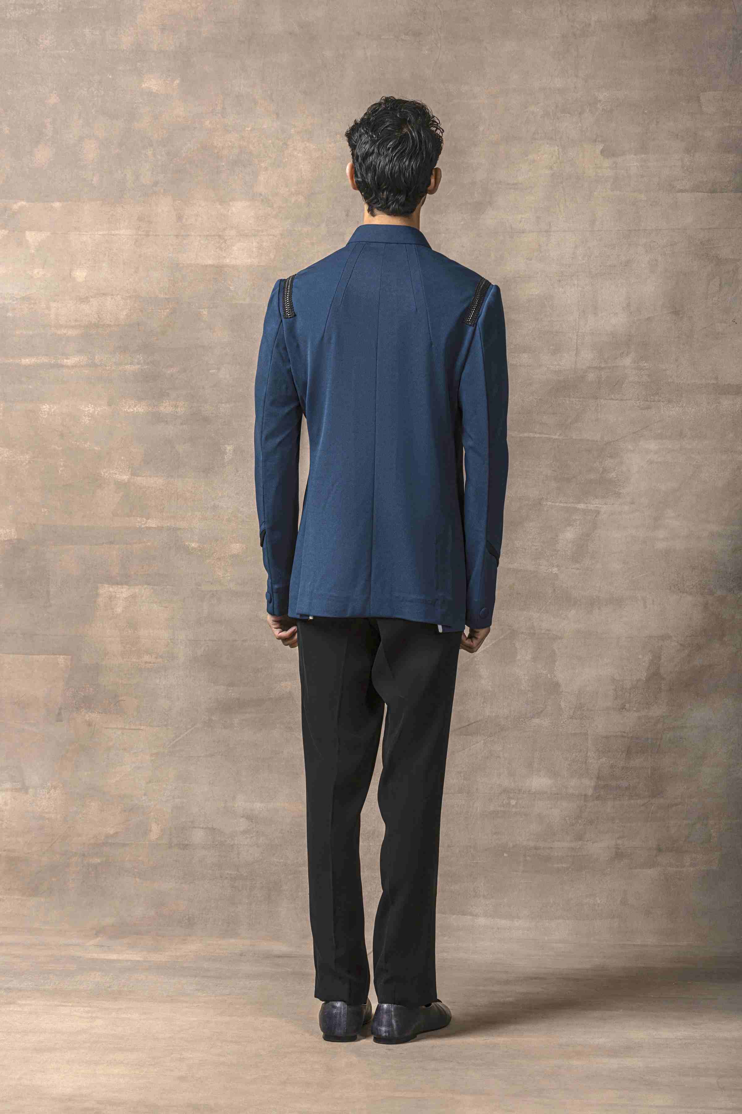 Teal Bandhgala With Black Scalping Set