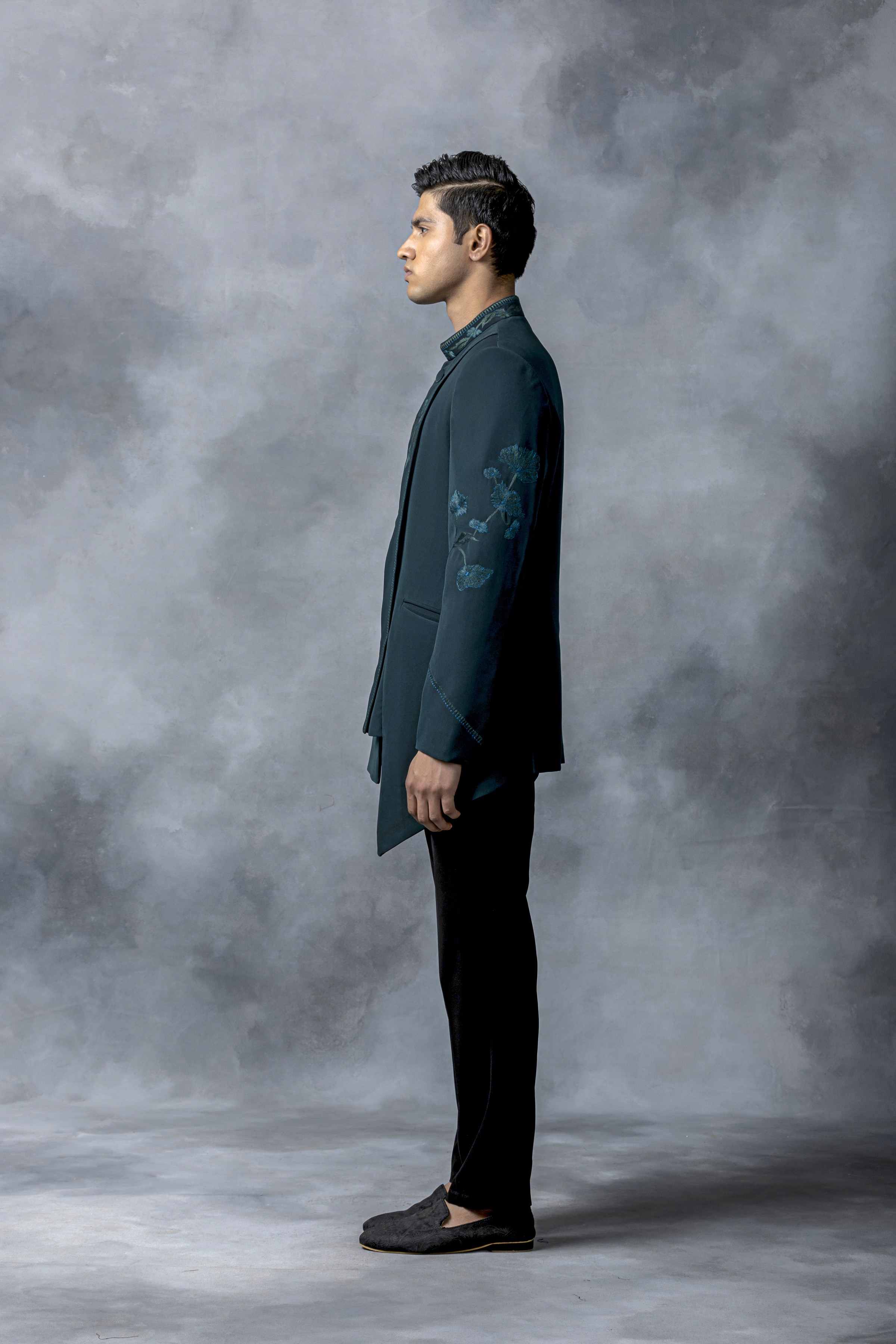 Green Thread Work Panel Bandhgala Set