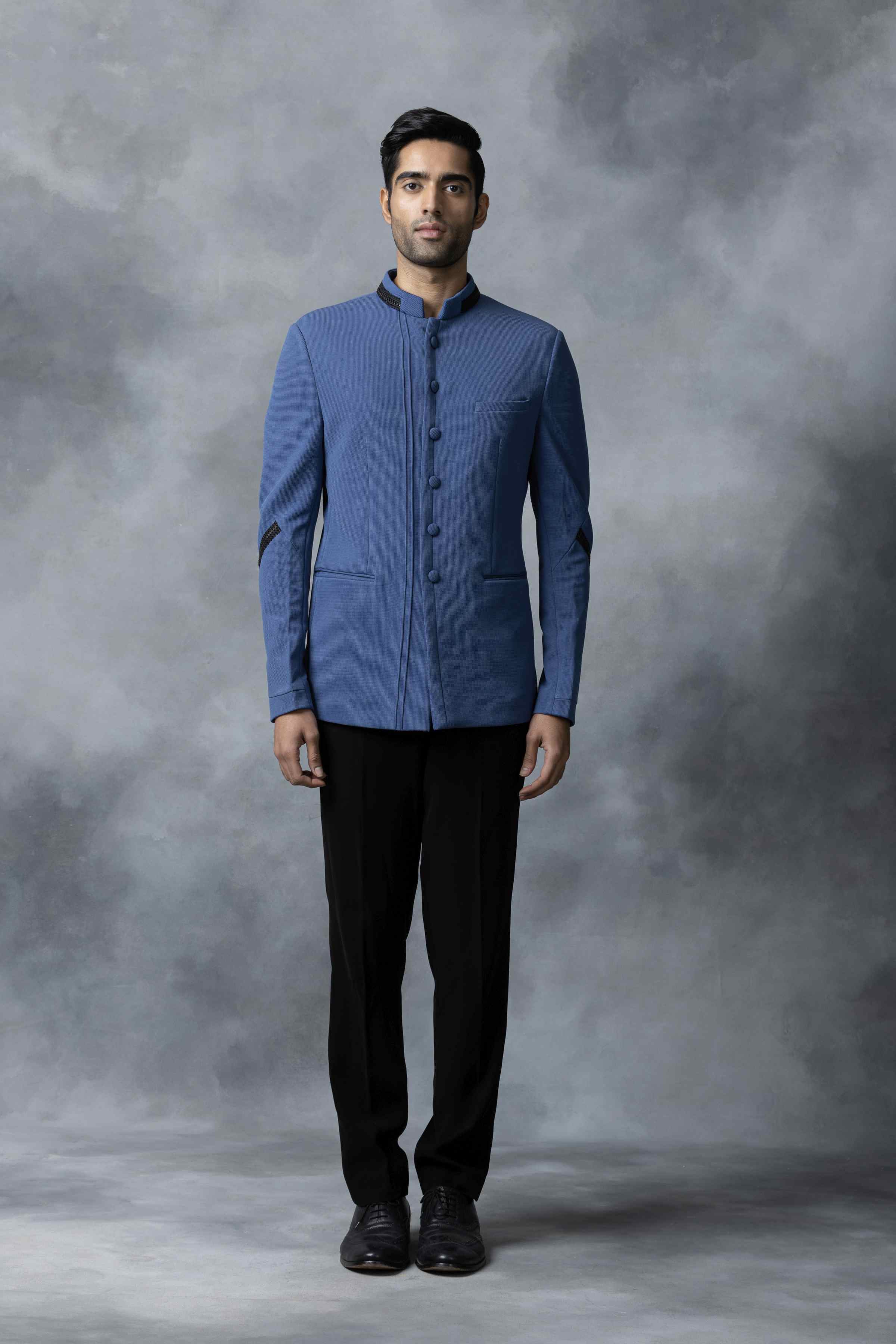 Blue Bandhgala With Black Leather Detailing